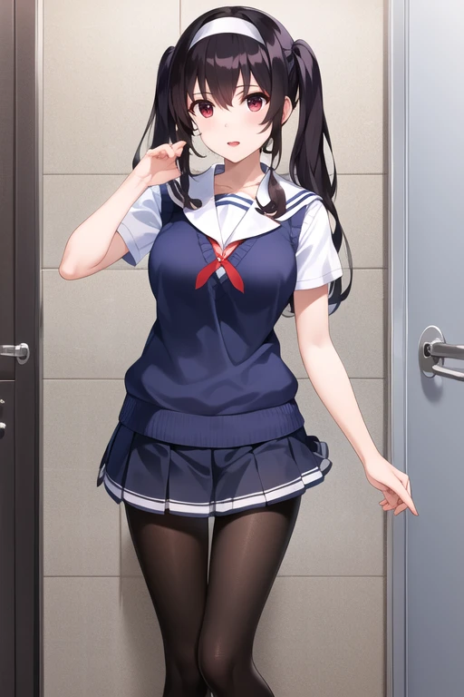 masterpiece, best quality, highres, aautaha, llong twintails hair, black hair, hairband, , lift skirt:1.3, sailor collar, sweater vest, blue sweater, white shirt, short sleeves, pleated skirt, blue skirt, (black pantyhose:1.2), bathroom,