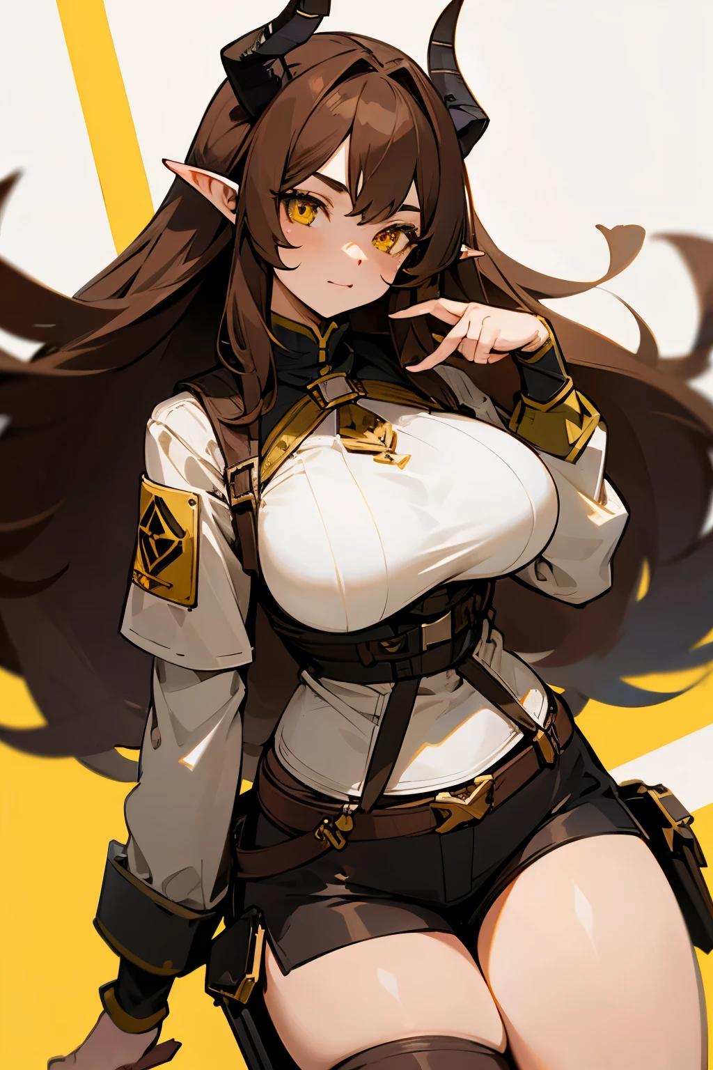 Girl, long brown hair, yellow eyes, pointed ears, horns, big breasts, short pants