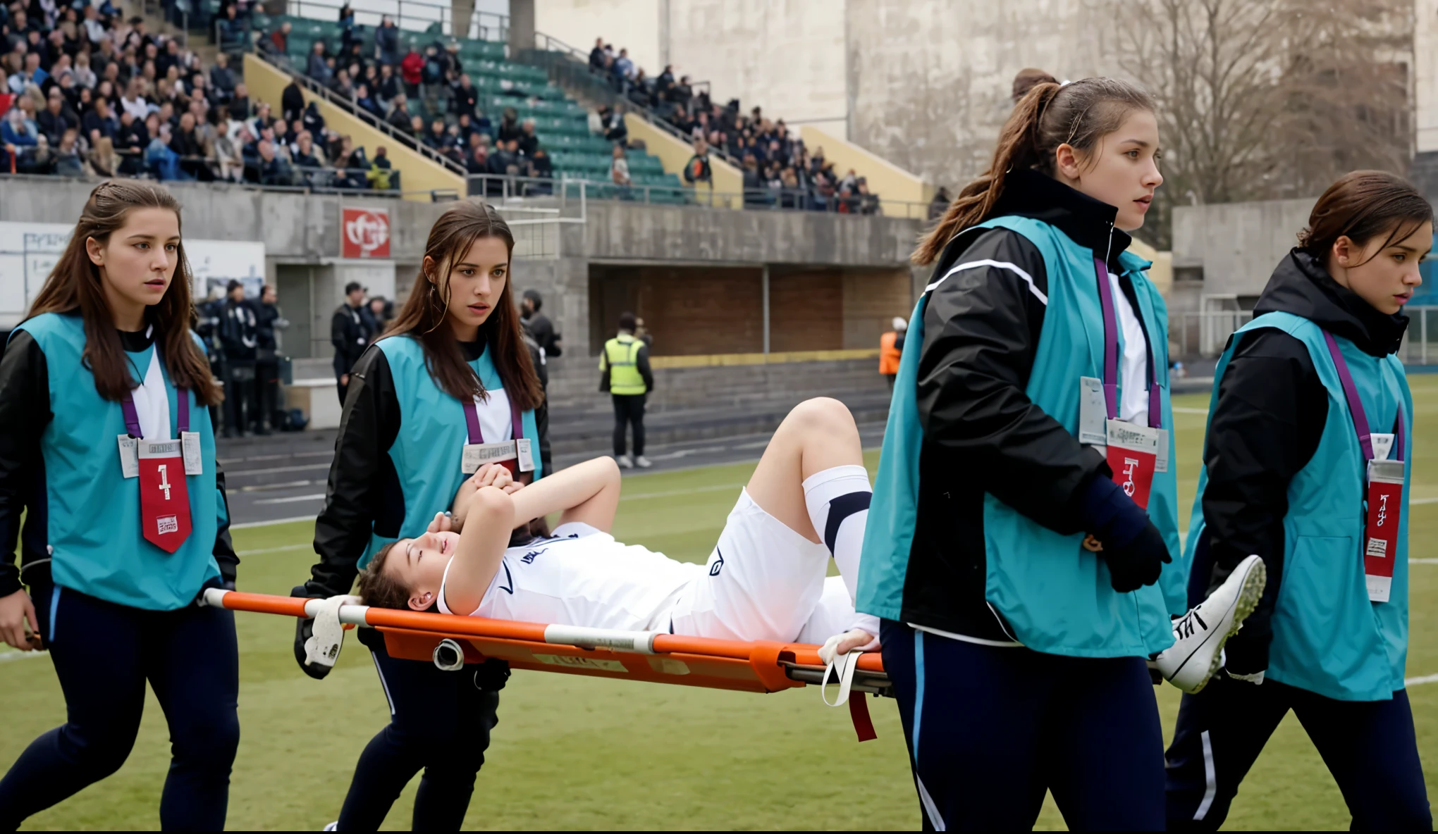 a soccer scene in a german sports stadium, injury scene in a sports stadium, stretcher carry, an injured soccer player is lying head first on his back on a stretcher and is covering his head with the hand, there are four young schoolgirls in shiny leather-trousers carrying a stretcher, there are four longhaired schoolgirls in high-shine latex-leggings who are carrying a stretcher in a german sports stadium, there is a wounded male soccer player in a short sports outfit lying head first on the stretcher, an injured male soccer player is lying head first on his back on a stretcher and is covering his agonised face with a hand, a soccer player is rearing up in intense pain while lying head first on his back on a stretcher and covering his head with a hand, dramatic scene, theatralic posing scene, dramatic pity scene, injury soccer, first aid, help, pity, there are four very angry looking schoolgirls in shiny latex-trousers who are looking very sad and very terrified and very shocked, the injured soccer player is screaming out in pain while he is carried from the pitch on a stretcher