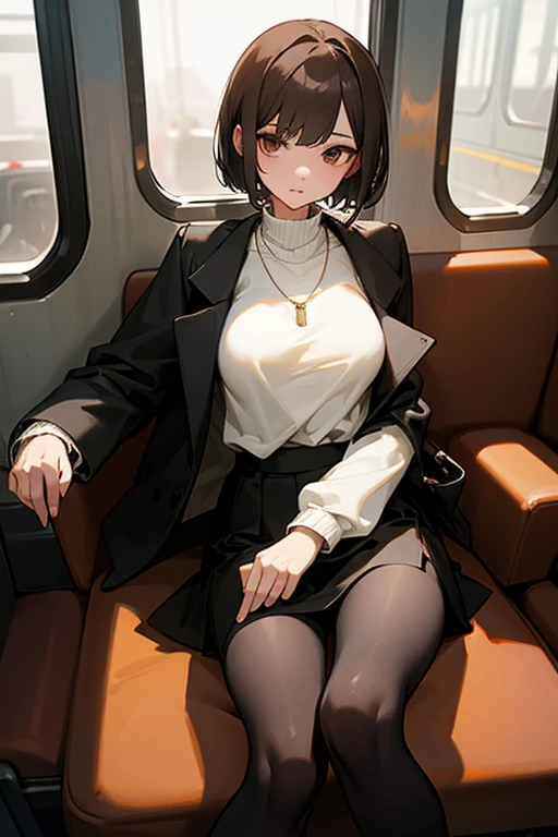 Brown short bob、White sweater、wearing a black jacket、Flared sleeves、Tight Skirt、Black Stockings、necklace、sitting in a train seat、tits、slender、