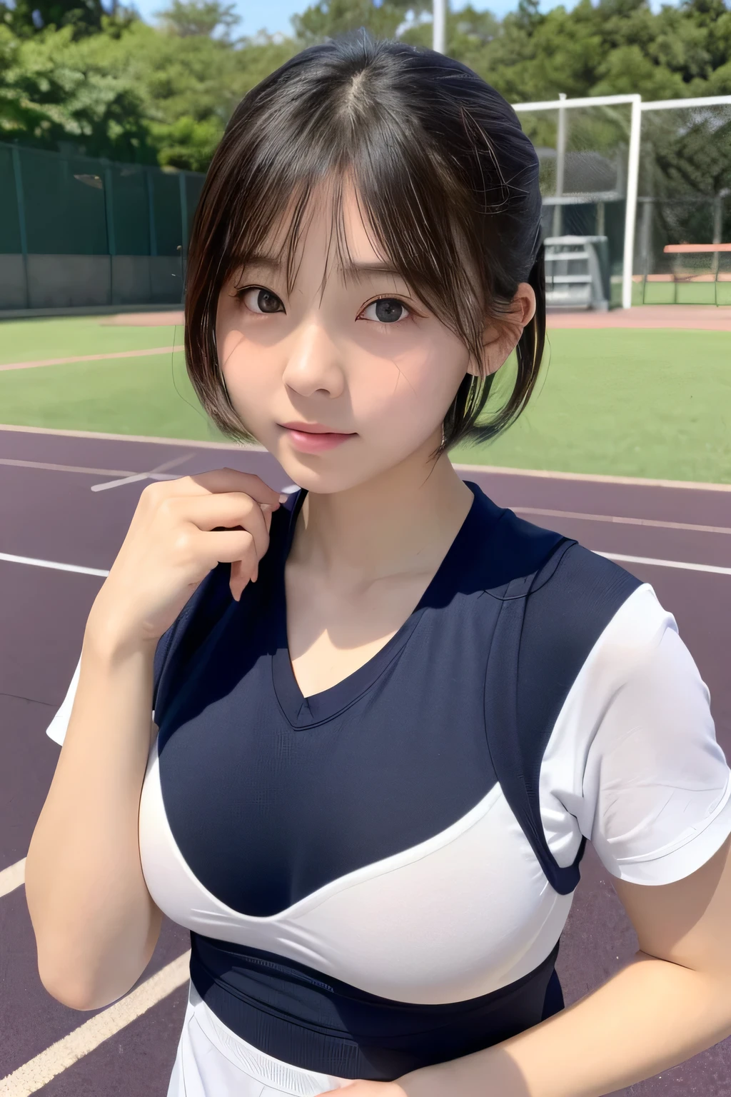 (1 Girl)、(Beautiful Japanese、18years old,round face、Refreshing、clear、seems kind、stylish、Pitiful、cute like an angel、cute、black eyes、,actress,Almond-shaped eyes,Translucent white skin、Beautiful skin), Good style , (((Beautiful :1.2))),(((soft ))),(very cute),(Black hair),(short bob hair),(enchanting eyes),(highlight on eyes:1.2)、(8K、Live shooting、highest quality、masterpiece:1.2、optimal lighting)、((masterpiece)),(Photo taken by a professional photographer),(real、photo real:1.4),break, break, break,Face shot:1.3、 face close-up、{ ((((Japan School Gym Clothes)))),(japanise Ugly gym clothes),(Training shirt、Training pants)},(cheeks are red:1.3), break, break,(((high school)))、Japanese school、(((Schoolyard)))、,evening,Track and field club、shy ,from below