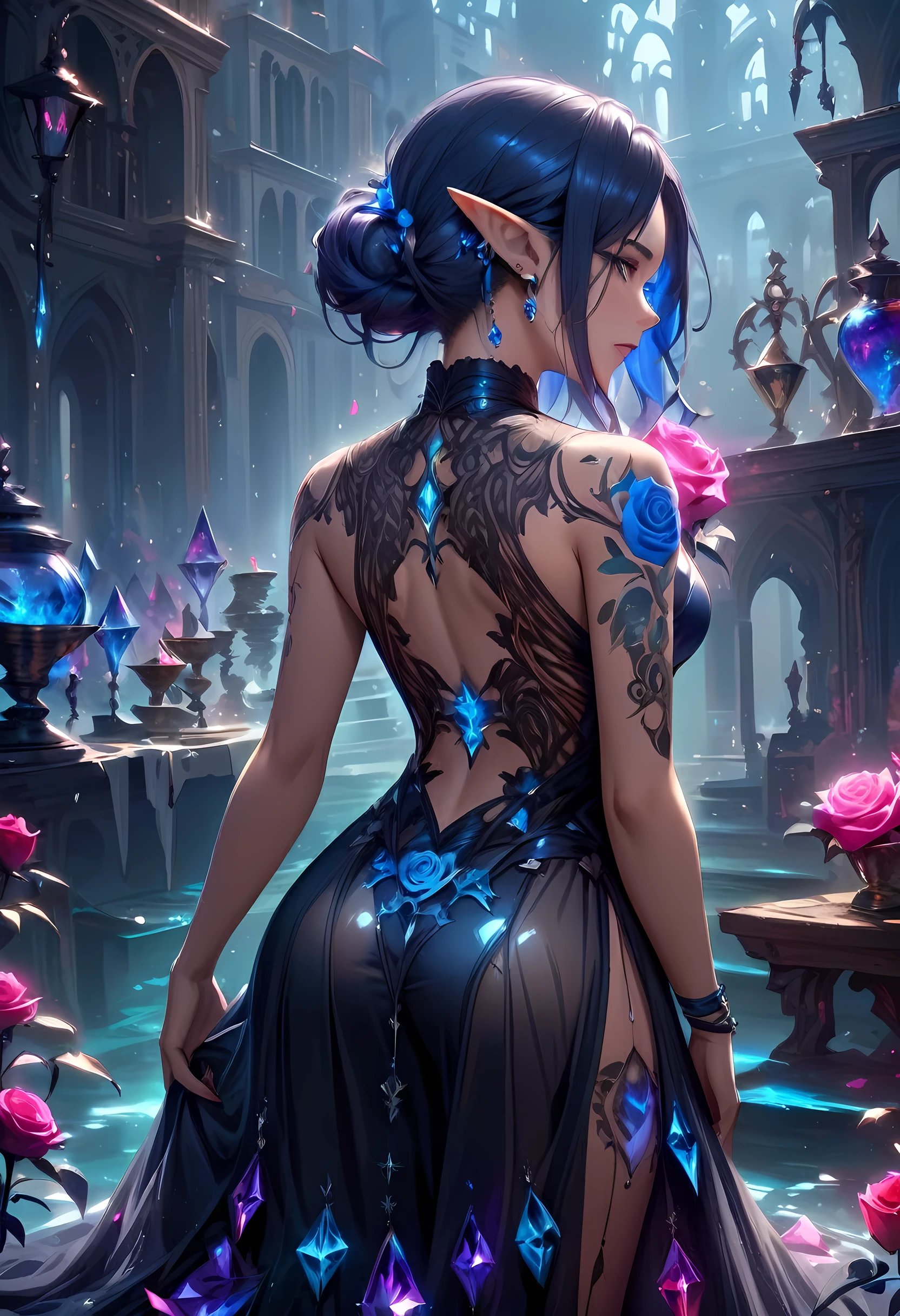 Arafed, Dark fantasy art, fantasy art, goth art, a picture of a tattoo on the back of a female elf, of  glowing tattoo of a ((blue: 1.3)) the rose tattoo is vivid, intricate detailed coming to life rose from the ink to real life, , thes, AlchemyPunkAI, shoot taken from the back, ((the back is visible: 1.3), she wears a transparent dress that the tattoos glow, crystalline dress