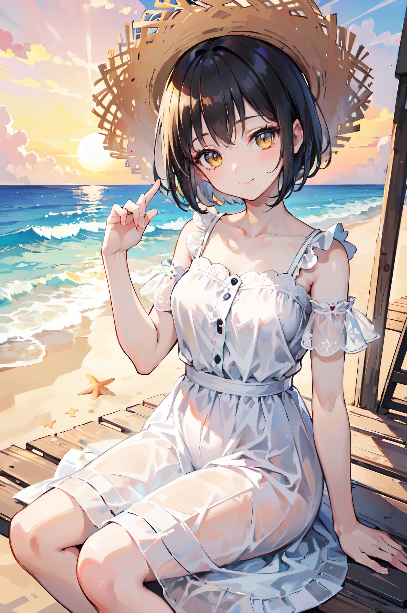 (masterpiece), (highest quality), (Very detailed), (Beautiful illustrations), (pretty girl), 1 girl, Black Hair, short hair, Yellow Eyes, 16 years old, White Dress, Straw hat, Cute Smile, Sandy Beach, evening, sunset,
