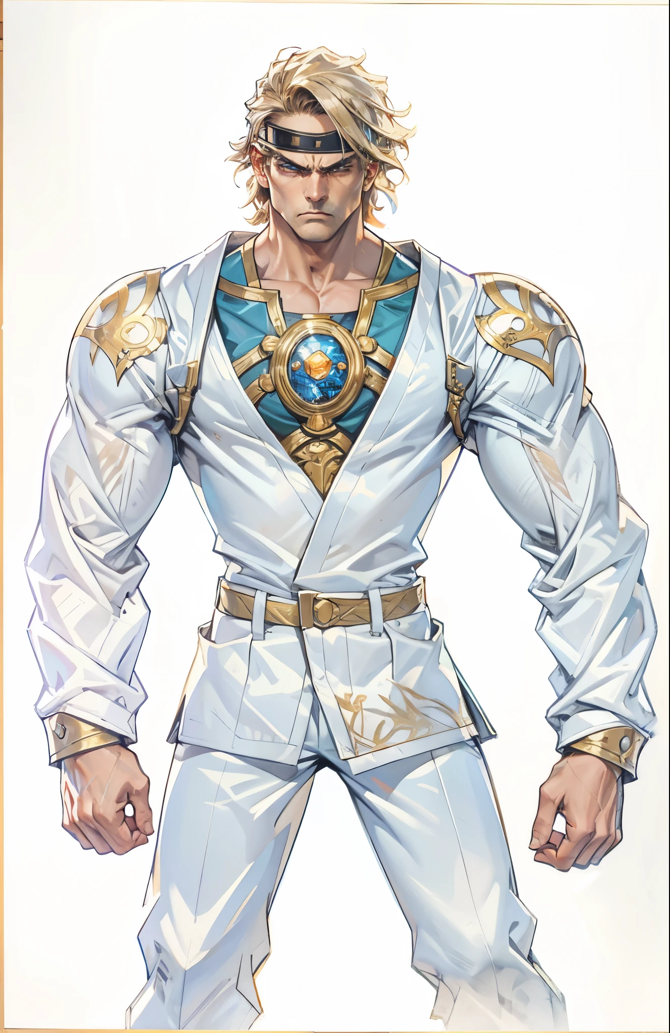 A man with short golden hair, middle-parted bangs, a hexagonal metal forehead protector, round glaring eyes filled with anger, a furious expression, chiseled facial features, a muscular build, an orange fantasy martial arts-style coat with flame-shaped decorations on the collar, a luxurious red and white undershirt, matching trousers, the backdrop of a fantasy-style city street, this character embodies a finely crafted fantasy martial arts-style warrior in anime style, exquisite and mature manga art style, dramatic, high definition, best quality, highres, ultra-detailed, ultra-fine painting, extremely delicate, professional, perfect body proportions, golden ratio, anatomically correct, symmetrical face, extremely detailed eyes and face, high quality eyes, creativity, RAW photo, UHD, 32k, Natural light, cinematic lighting, masterpiece-anatomy-perfect, masterpiece:1.5