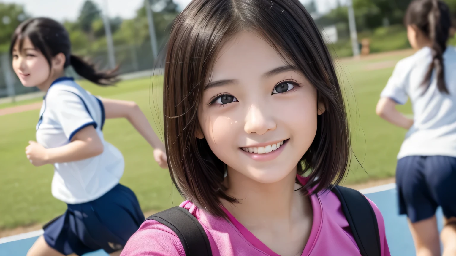 (1 Girl)、(Beautiful Japanese、18years old,round face、Refreshing、clear、seems kind、stylish、Pitiful、cute like an angel、cute、black eyes、,actress,Almond-shaped eyes,Translucent white skin、Beautiful skin), Good style , (((Beautiful big breasts:1.2))),(((soft breasts))),(very cute),(Black hair),(short bob hair),(enchanting eyes),(highlight on eyes:1.2)、(8K、Live shooting、highest quality、masterpiece:1.2、optimal lighting)、((masterpiece)),(Photo taken by a professional photographer),(real、photo real:1.4),break, break, break,Face shot:1.3、 face close-up、{ ((((Japan School Gym Clothes)))),(japanise Ugly gym clothes),(Training shirt、Training pants)},(cheeks are red:1.3), break, break,(((high school)))、Japanese school、(((Schoolyard)))、(((smile))),evening,Track and field club、Back view、(((Running)))、