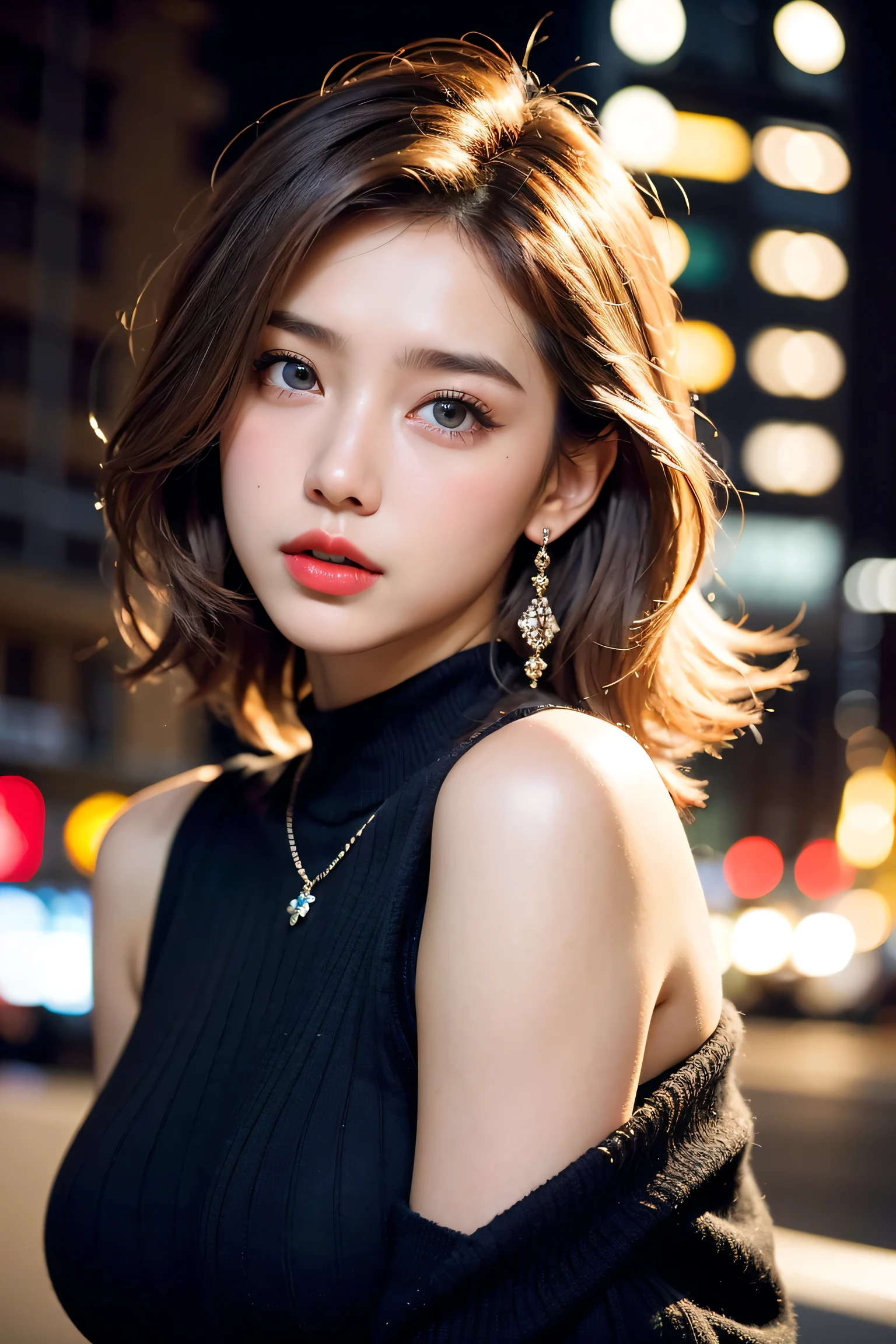 Beautiful college girl in the city, masterpiece, light makeup, red lips, silver hair, messy short cut, city background, beautiful, elegant. Very fine details, masterworks, authentic texture, cinematic lighting realism, perfect work, 16k, high resolution, exquisite features, blue eyes, Japanese idol, beautiful face, sad, crying, brown hair, beautiful hair, attractive, big boobs, erect nipples, greasy muscles, shiny skin, tanned skin, shiny black skin, sexy knit sweater, bright big eyes, smooth skin, earrings, necklace, tattoo