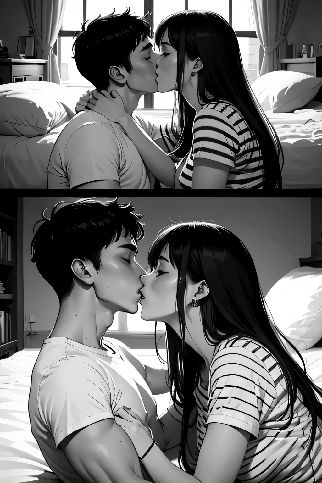 Amazing portrait of a sexy and  woman  wearing a black and white striped t shirt and a dark green skirt kissing and making out passionately with a shirtless boy on the bed in an intimate setting