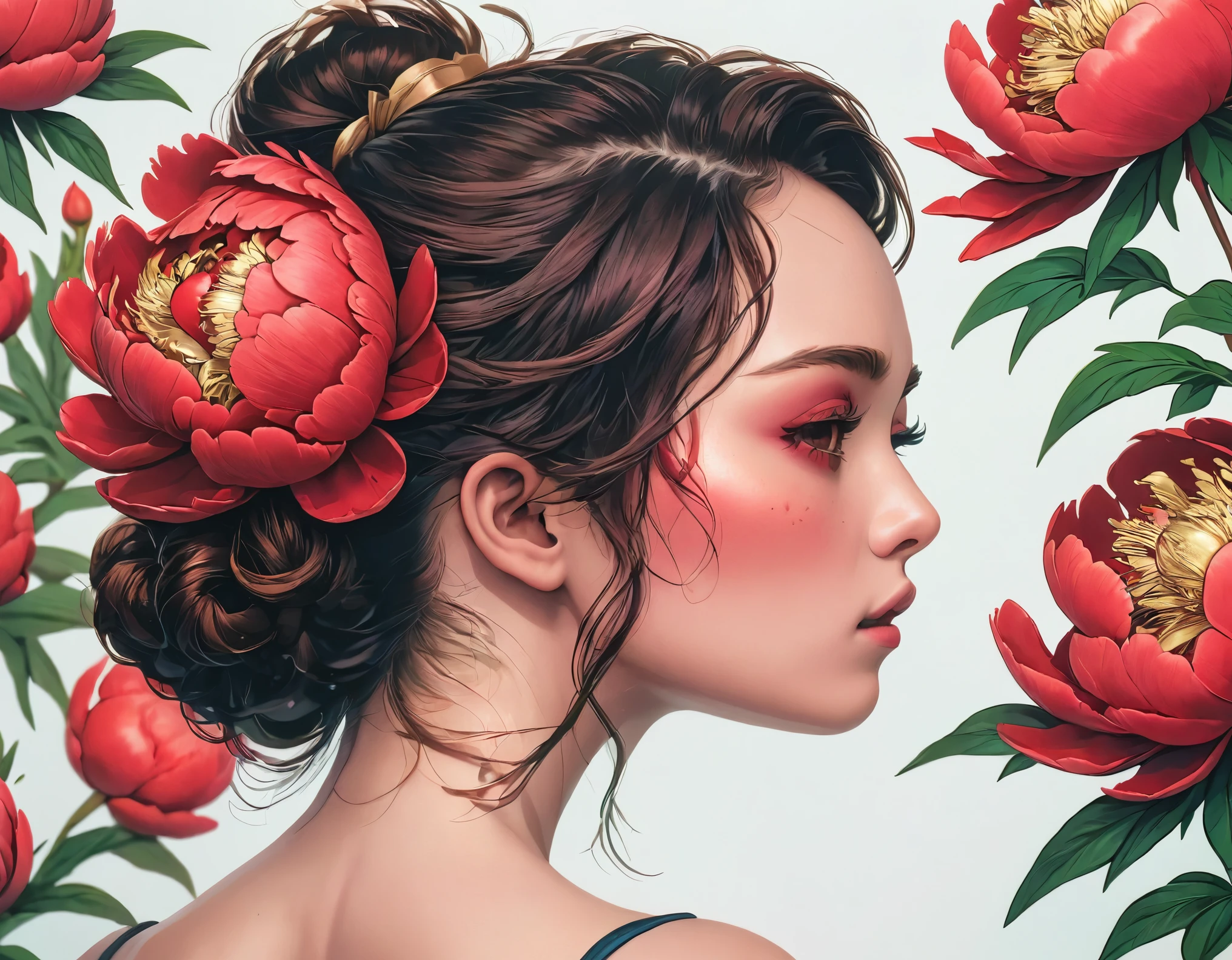 ((A stunning red peony tattoo across the back:1.9))、（Close up of a red peony tattoo）、Background with a bright red peony design、masterpiece、Hyperrealistic、8k、Photorealistic、Detailed portrait、Intricate details、Dramatic lighting、Bright colors、Refined and elegant aesthetics、Traditional Japan style