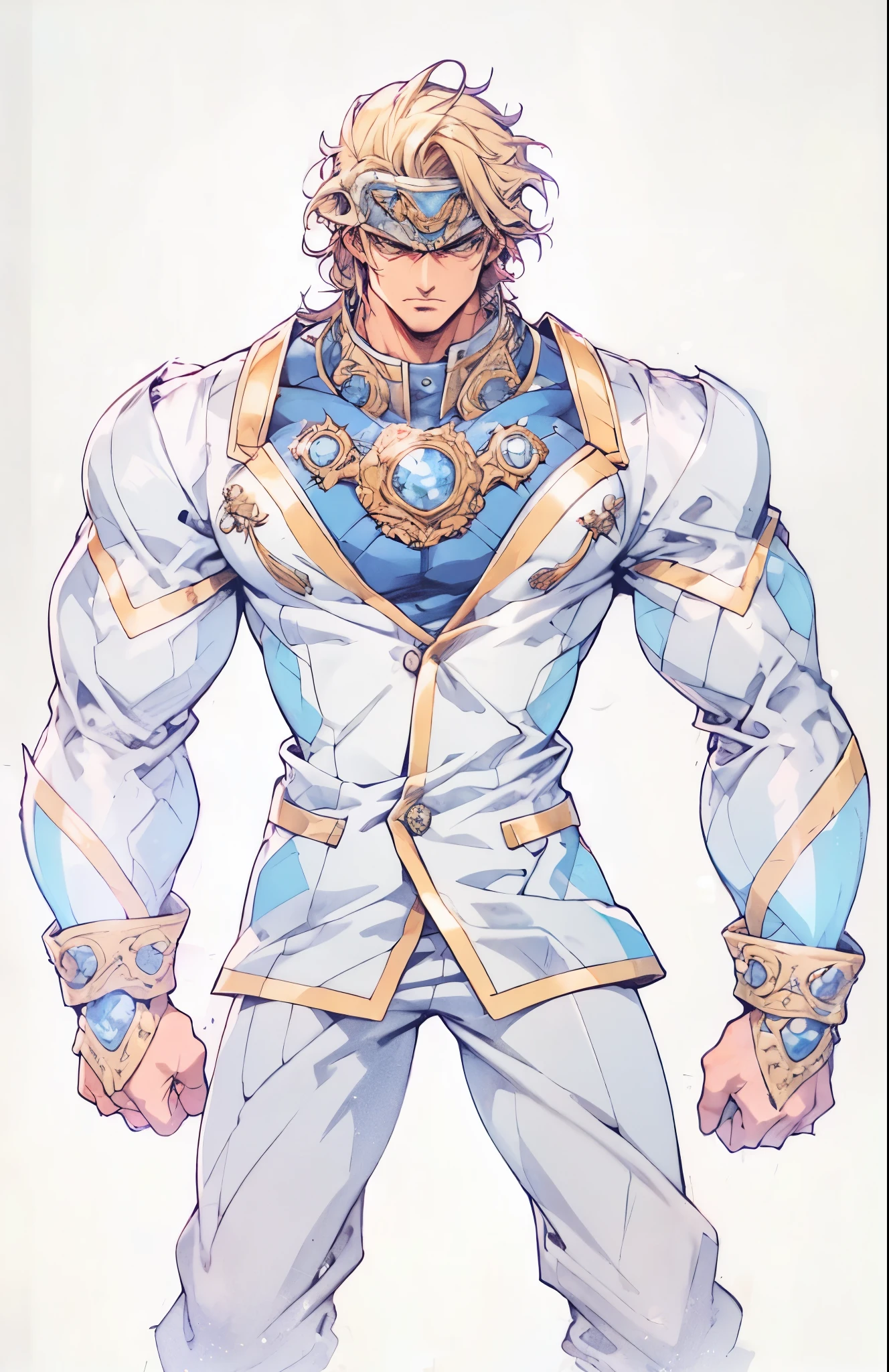 A man with short golden hair, middle-parted bangs, a hexagonal metal forehead protector, round glaring eyes filled with anger, a furious expression, chiseled facial features, a muscular build, an orange fantasy martial arts-style coat with flame-shaped decorations on the collar, a luxurious red and white undershirt, matching trousers, the backdrop of a fantasy-style city street, this character embodies a finely crafted fantasy martial arts-style warrior in anime style, exquisite and mature manga art style, dramatic, high definition, best quality, highres, ultra-detailed, ultra-fine painting, extremely delicate, professional, perfect body proportions, golden ratio, anatomically correct, symmetrical face, extremely detailed eyes and face, high quality eyes, creativity, RAW photo, UHD, 32k, Natural light, cinematic lighting, masterpiece-anatomy-perfect, masterpiece:1.5