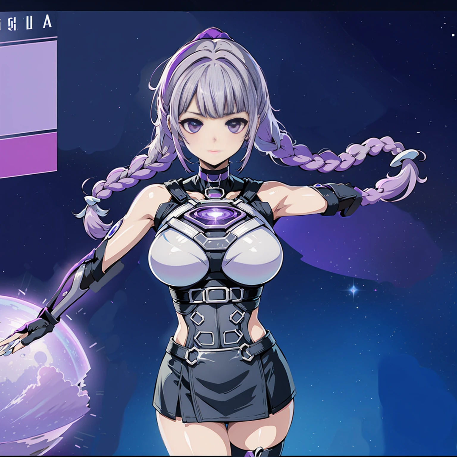 highest quality、Masterpiece、Official Art、Super detailed、super beautiful、16K、Purple light source、Man and woman couple（Boys have gray hair｜Blue Cyberpunk｜The girl is milky whiteｇand purple gradient hair｜Double braid｜Black Cyberpunk｜mini skirt）、Man and woman coupleが背中合わせにたって視聴者をみている、Poster、