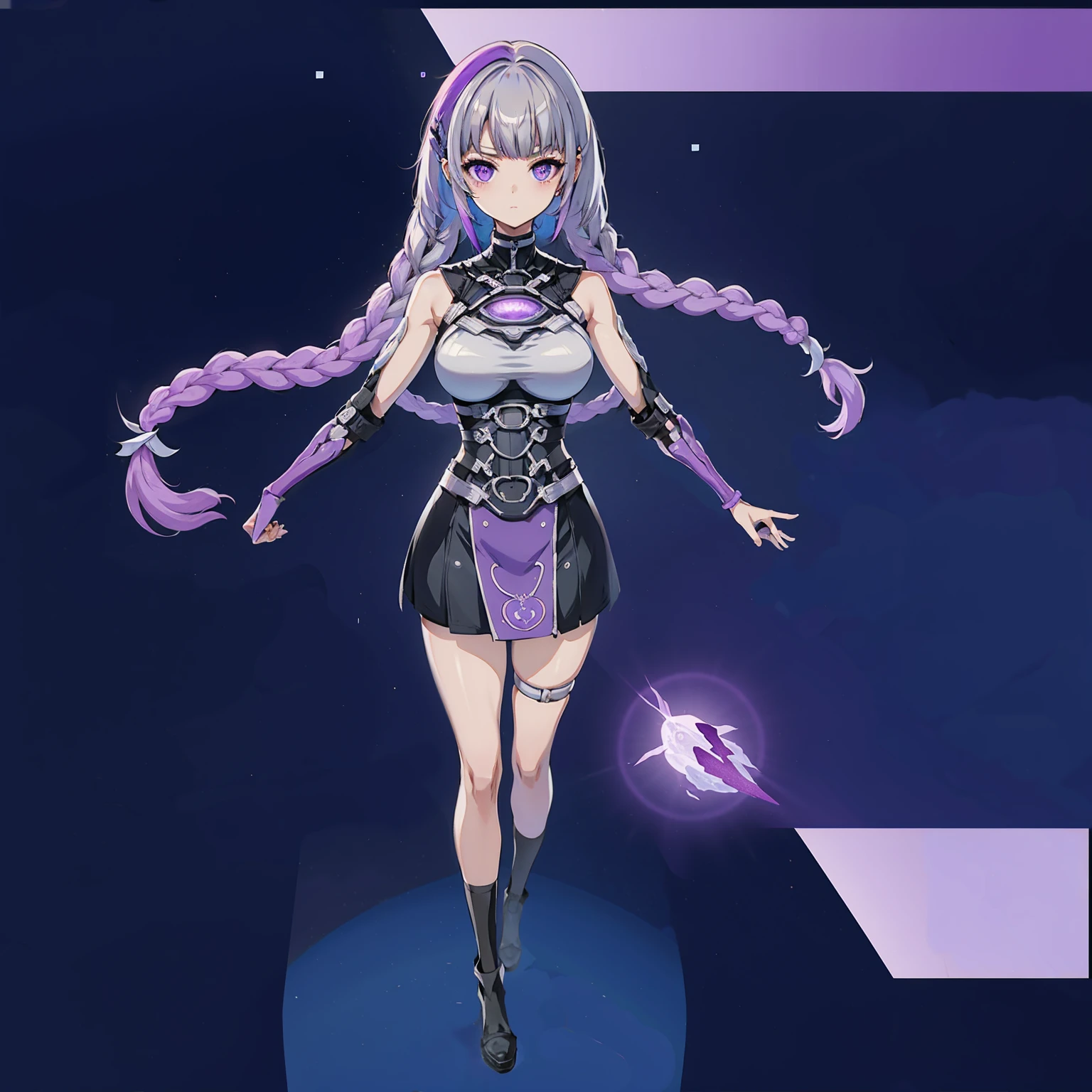 highest quality、Masterpiece、Official Art、Super detailed、super beautiful、16K、Purple light source、Man and woman couple（Boys have gray hair｜Blue Cyberpunk｜The girl is milky whiteｇand purple gradient hair｜Double braid｜Black Cyberpunk｜mini skirt）、Man and woman coupleが背中合わせにたって視聴者をみている、Poster、