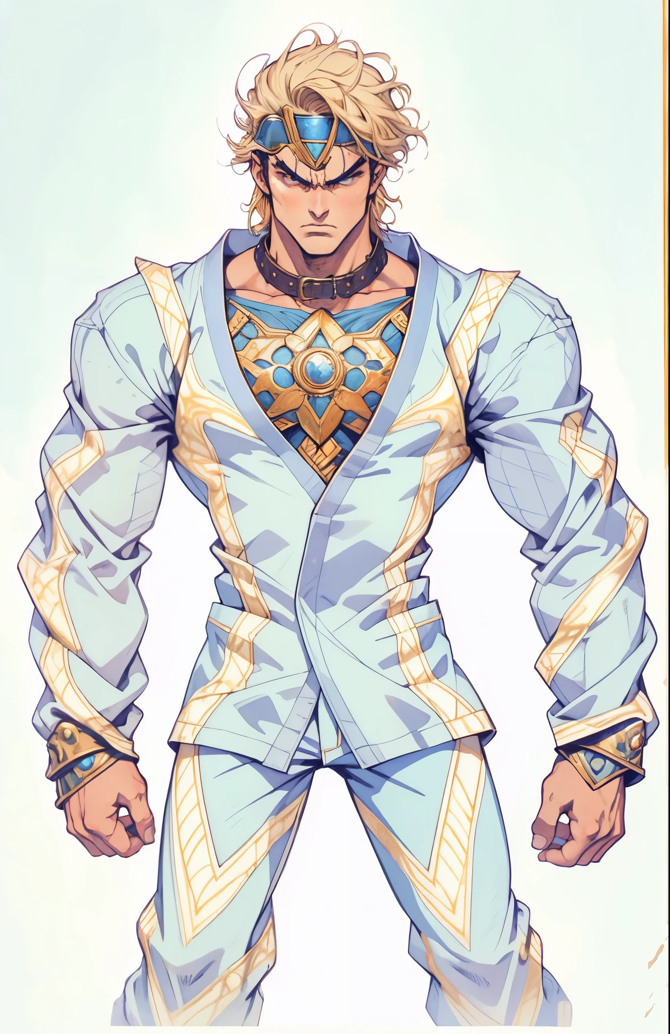 A man with short golden hair, middle-parted bangs, a hexagonal metal forehead protector, round glaring eyes filled with anger, a furious expression, chiseled facial features, a muscular build, an orange fantasy martial arts-style coat with flame-shaped decorations on the collar, a luxurious red and white undershirt, matching trousers, the backdrop of a fantasy-style city street, this character embodies a finely crafted fantasy martial arts-style warrior in anime style, exquisite and mature manga art style, dramatic, high definition, best quality, highres, ultra-detailed, ultra-fine painting, extremely delicate, professional, perfect body proportions, golden ratio, anatomically correct, symmetrical face, extremely detailed eyes and face, high quality eyes, creativity, RAW photo, UHD, 32k, Natural light, cinematic lighting, masterpiece-anatomy-perfect, masterpiece:1.5