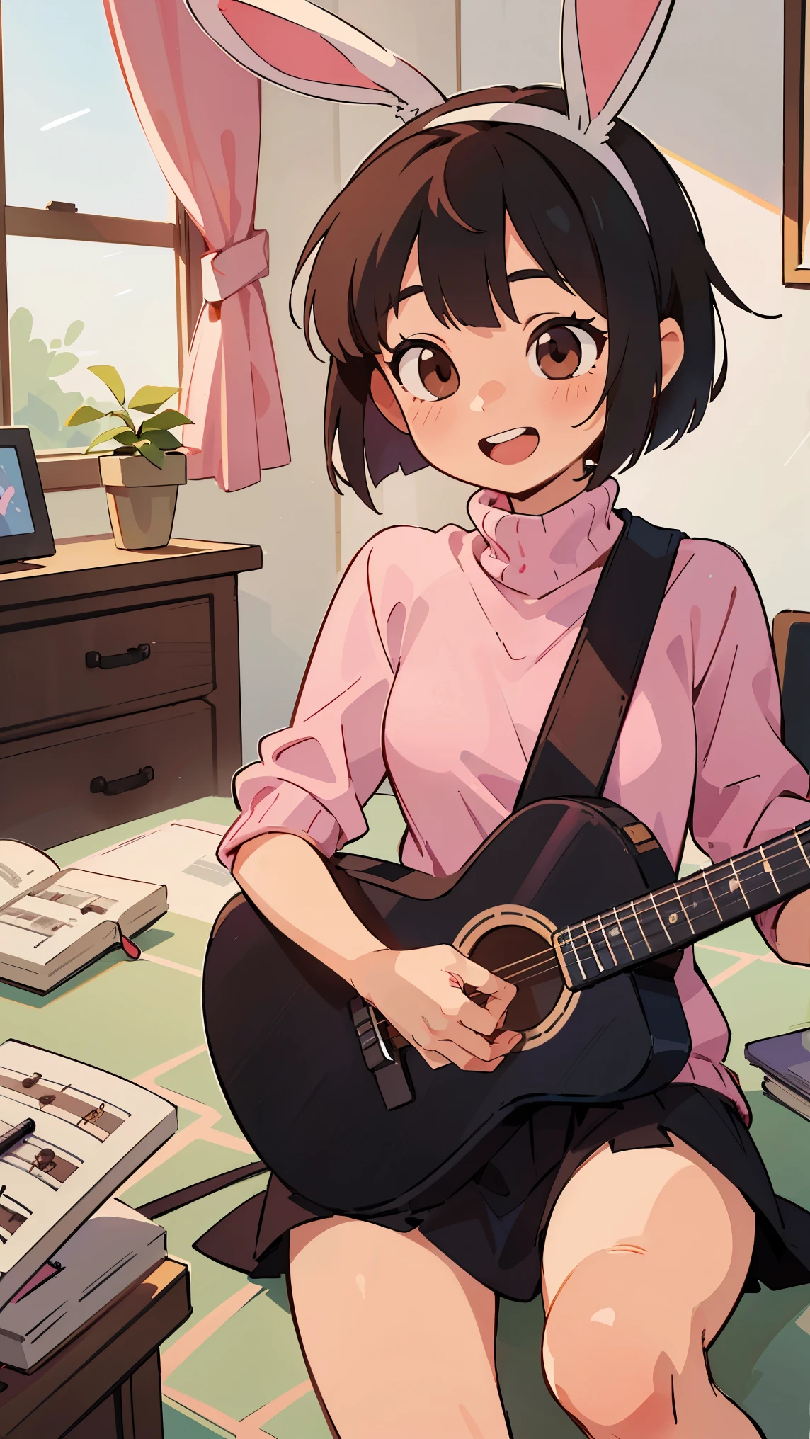 (8k, RAW photo, best quality, masterpiece, highres, absurdres, ultra detailed:1.3), (Photography, realistic, photo-realistic:1.4), (beautiful natural lighting, beautiful deatailed shadow, beautiful detailed glow :1.4),  atmospheric, white background, close up, straight-on, (circle around icon:1.5),

BREAK 1 beautiful ????? girl,alone,(cute:1.5),(Chibi:0.8),(kawaii1.5),(change:0.9),(????? girl, cute, full of energy, change face,slightly swollen ?????),(black hair, messy short bob, story me, pink eyes:1.55 ),(full of energy, goofy smile, bad face:1.2),(white bunny ears headband:1.2),(smile,shine tooth:1.45),

BREAK

open mouth
BREAK
(white turtleneck sweater with frills:1.2), (red frills skirt:1.1), brown long boots,
BREAK
, (acoustic guitar, singing, sitting, a girl, open mouth wide, Girl's Room, brown eyes, Musical score: 1.65)), 
BREAK wakame,wakame,wakame,(cowboy shot, from front:1.4),  BREAK manga illustration,manga style, 