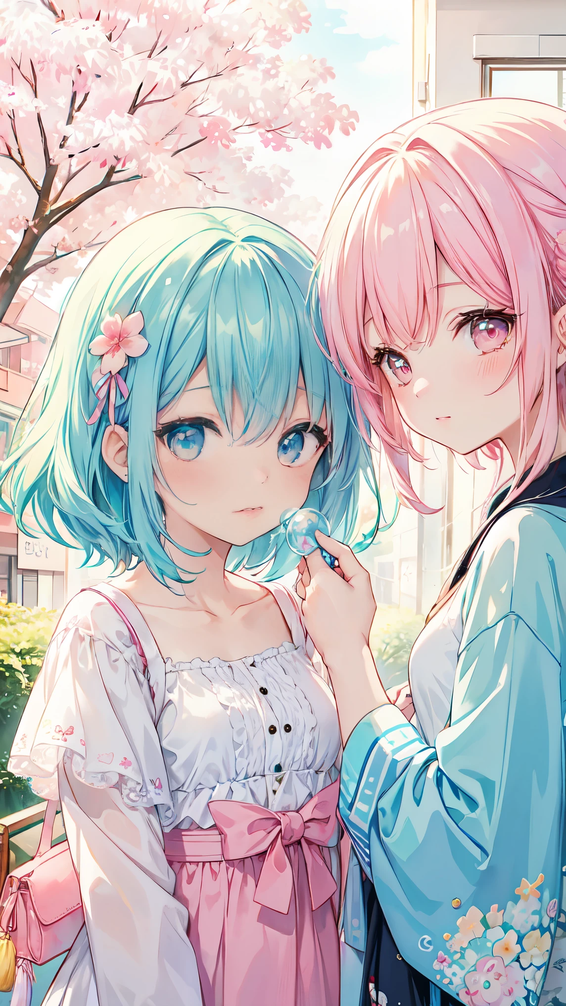 Yumekawa, dreamy cute, shopping, city, Harajuku, (masterpiece, highest quality, highest quality, watercolor (middle), Official Art, beautifully、beautiful: 1.2), (2 girls: 1.3), (Fractal Art: 1.3), Upper Body, kiss, Lesbian, Browsing Caution、Nipples are visible, ta Viewer Watch, pattern, break, (pastel hair: 1.2), break, Soap bubble, Rainbow behind, cloud, colorful, Soap bubble, Spread throughout, cute, pastel,