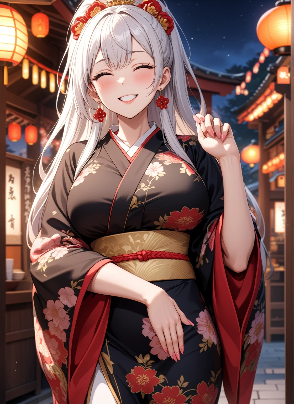 ((one personの女性)), Beautiful Face,Laugh shyly,((Wink:1.8)),Laughing with your mouth open,turn bright red,Glossy pink lips,night,Shrine festival stalls,((Anime style background)),masterpiece, highest quality, so beautiful, up to date, Complex details, (Pink long nails),AI-generated, Complex,High resolution, highest quality, super high quality,3D Images、View your audience、3D Images,one person,Long white hair,High Ponytail,blue eyes,Anime woman posing for a photo, [[Fine grain、Colorful eyes、Shining Eyes:1.15]],(Squint your eyes:1.1),a hyperRealistic , hyperRealistic , Realistic,Long haired white haired anime woman, Smooth anime CG art, A woman in a colorful kimono with gold embroidery, (Black kimono),Red floral pattern,Long flower hair ornament,Big earrings,(Big Breasts:1.1),Mature Body,tall,Big Ass,Fine details,Tight waist,Abdominal muscles,(Face close-up:1.5),Tilt your face,Shooting from an angle,Praying with hands together,
