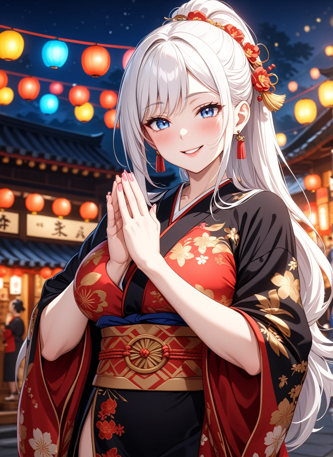 ((one personの女性)), Beautiful Face,Laugh shyly,((Wink:1.8)),Laughing with your mouth open,turn bright red,Glossy pink lips,night,Shrine festival stalls,((Anime style background)),masterpiece, highest quality, so beautiful, up to date, Complex details, (Pink long nails),AI-generated, Complex,High resolution, highest quality, super high quality,3D Images、View your audience、3D Images,one person,Long white hair,High Ponytail,blue eyes,Anime woman posing for a photo, [[Fine grain、Colorful eyes、Shining Eyes:1.15]],(Squint your eyes:1.1),a hyperRealistic , hyperRealistic , Realistic,Long haired white haired anime woman, Smooth anime CG art, A woman in a colorful kimono with gold embroidery, (Black kimono),Red floral pattern,Long flower hair ornament,Big earrings,(Big Breasts:1.1),Mature Body,tall,Big Ass,Fine details,Tight waist,Abdominal muscles,(Face close-up:1.5),Tilt your face,Shooting from an angle,Praying with hands together,