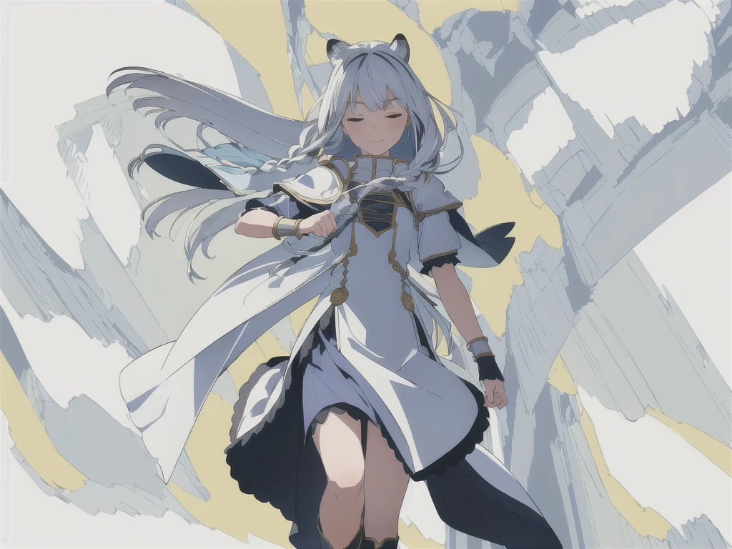 ((masterpiece)), (best quality), (ultra-detailed), photorealistic, (best illustration), ((an extremely delicate and beautiful)), 1girl, solo, long hair, tiger ears, [:tiger tail under:0.2], white hair, two-tone hair, full body, long blue cape, (Alternative outfit:1), platinum armor, cross-laced, standing, closed eyes, smile, black skirt, short sleeves, detailed scenery, blue sky, horizon, low twin braids, twin braids, hair ornament, bracelet, (knight outfit:0.9), blush, no helmet, Cute but Formidable, girl knight, armor on body. 
