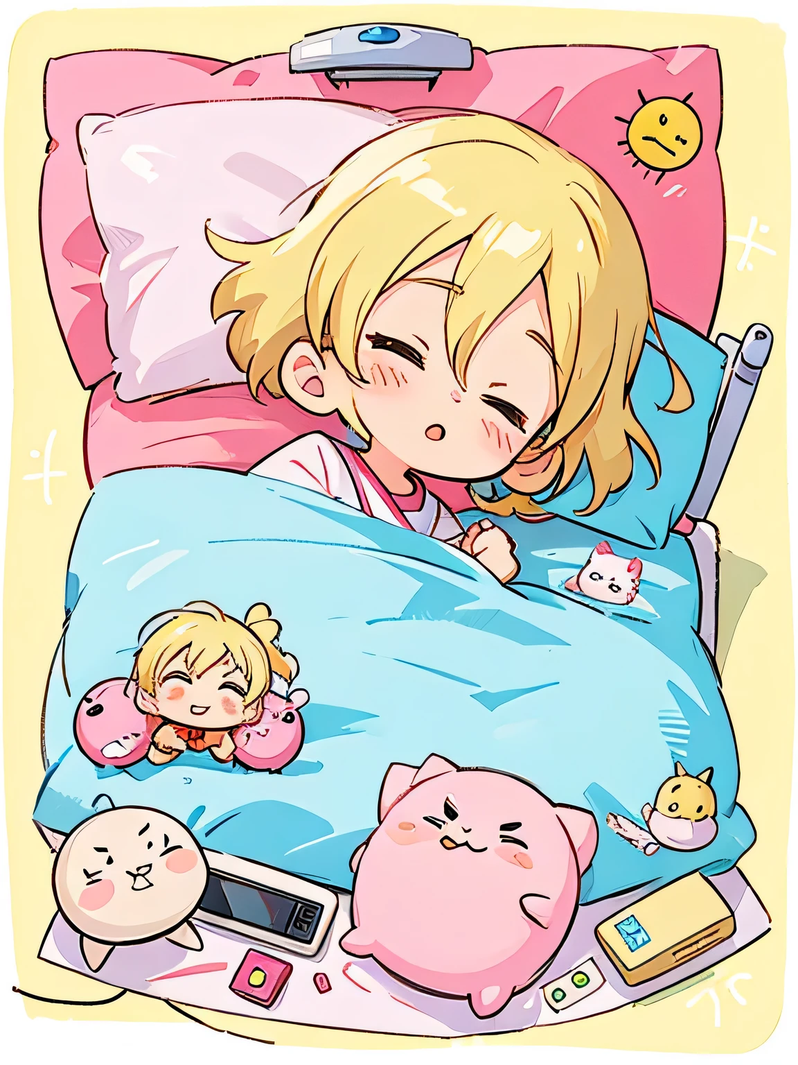 Akira Toriyama style, Kawaii Design, The most beautiful girl of all time、Chibi, Taking a nap、hospital bed