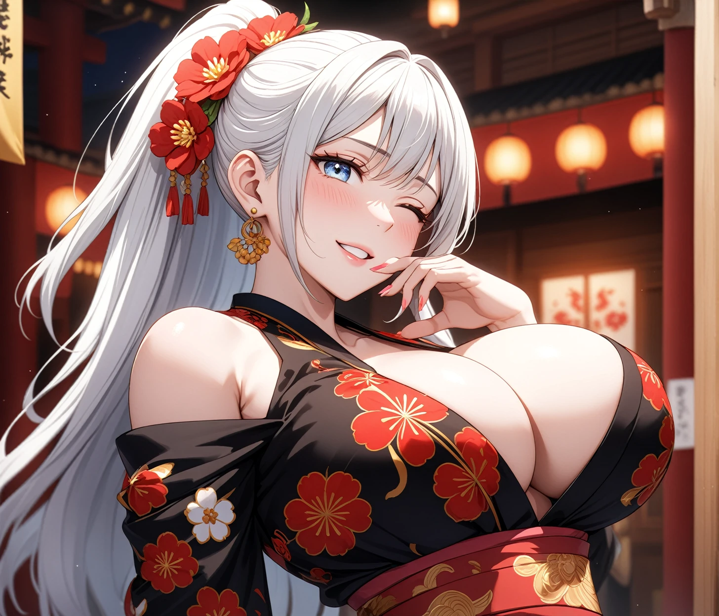 ((one personの女性)), Beautiful Face,Laugh shyly,((Wink:1.7)),Laughing with your mouth open,turn bright red,Glossy pink lips,night,Shrine festival stalls,((Anime style background)),masterpiece, highest quality, so beautiful, up to date, Complex details, (Pink long nails),AI-generated, Complex,High resolution, highest quality, super high quality,3D Images、View your audience、3D Images,one person,Long white hair,High Ponytail,blue eyes,Anime woman posing for a photo, [[Fine grain、Colorful eyes、Shining Eyes:1.15]],(Squint your eyes:1.1),a hyperRealistic , hyperRealistic , Realistic,Long haired white haired anime woman, Smooth anime CG art, A woman in a colorful kimono with gold embroidery, (Black kimono),Red floral pattern,Long flower hair ornament,Big earrings,(Big Breasts:1.1),Mature Body,tall,Big Ass,Fine details,Tight waist,Abdominal muscles,(Face close-up:1.5),Tilt your face,Shooting from an angle,