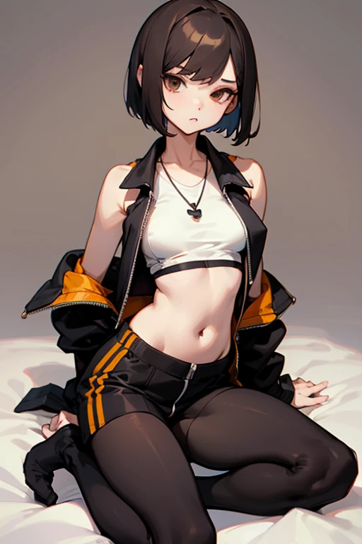 Brown short bob、Sleeveless shirt、Belly button、spats、Wearing a tracksuit jacket、Black Stockings、necklace、tits、slender、