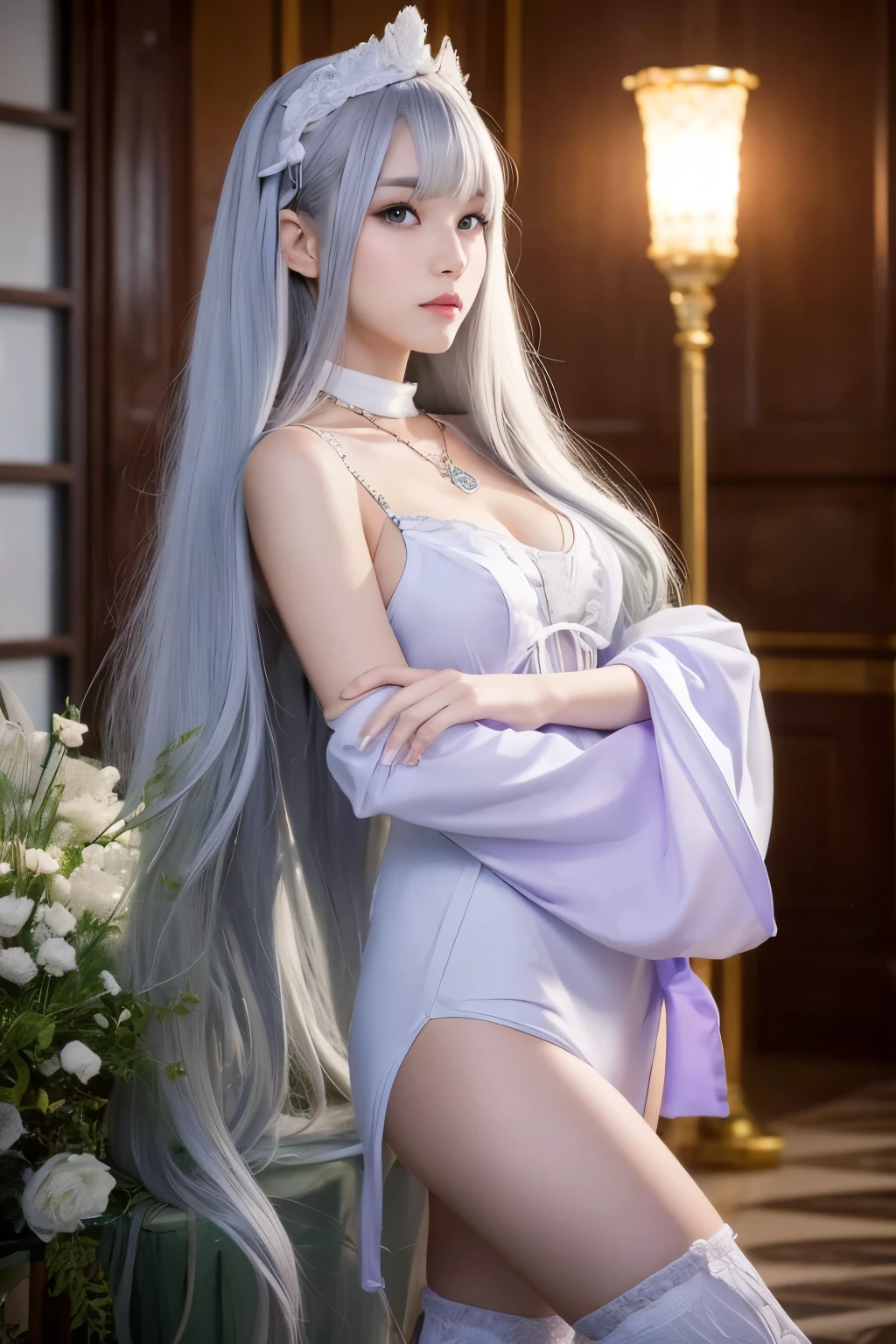 tulip，Gube style white haired woman，Pan Qi，Yang Jian，Epic and amazing character art，beautiful portrait，Close-up of the work，Pixiv Aregant Gurwitz Belt，Purple underwear，My underwear is transparent，，The tattoo iy eyes are so pitiful，lower body focus，Ribbon and silk，laugh，bite lip，open your legs，There is a lot of sweat on the body.，plum：3.0）