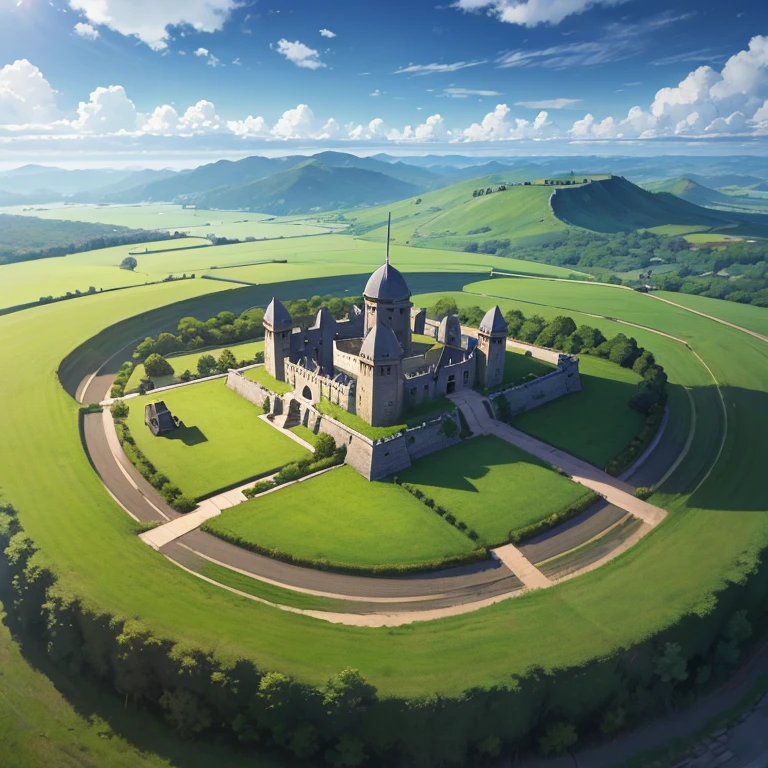 ８k、Masterpiece、In the grassland、A small hill in the center of the screen、A ruined fort in the middle of a hill、A bonfire in the shadow of the fort、Fantasy art