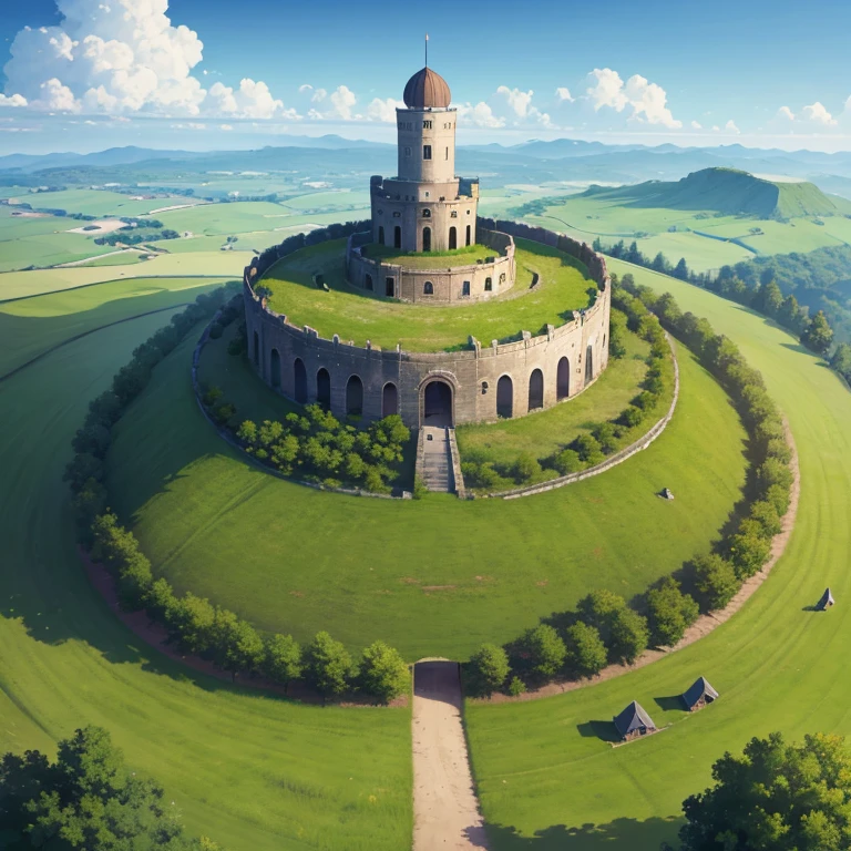 8k、Masterpiece、In the grassland、A small hill in the center of the screen、A ruined fort in the middle of a hill、A bonfire in the shadow of the fort、Fantasy art
