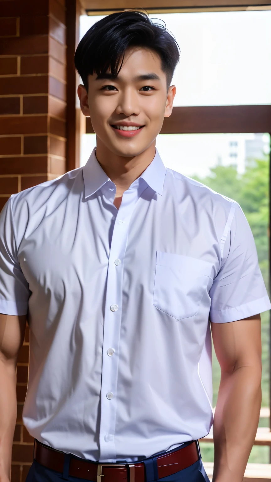 1 man, handsome ,smile showing teeth, (Thai , white shirt), Korean guy, chest muscles, large arm muscles, blood vessel, Big muscles, Broad shoulders, looking at the audience, Balancing the eyes, (in a modern house:1.3)