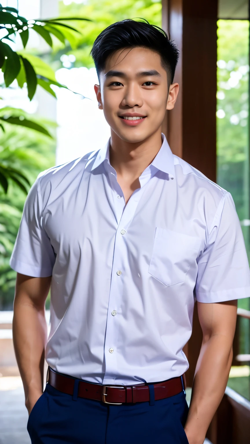 1 man, handsome ,smile showing teeth, (Thai , white shirt), Korean guy, chest muscles, large arm muscles, blood vessel, Big muscles, Broad shoulders, looking at the audience, Balancing the eyes, (in a modern house:1.3)