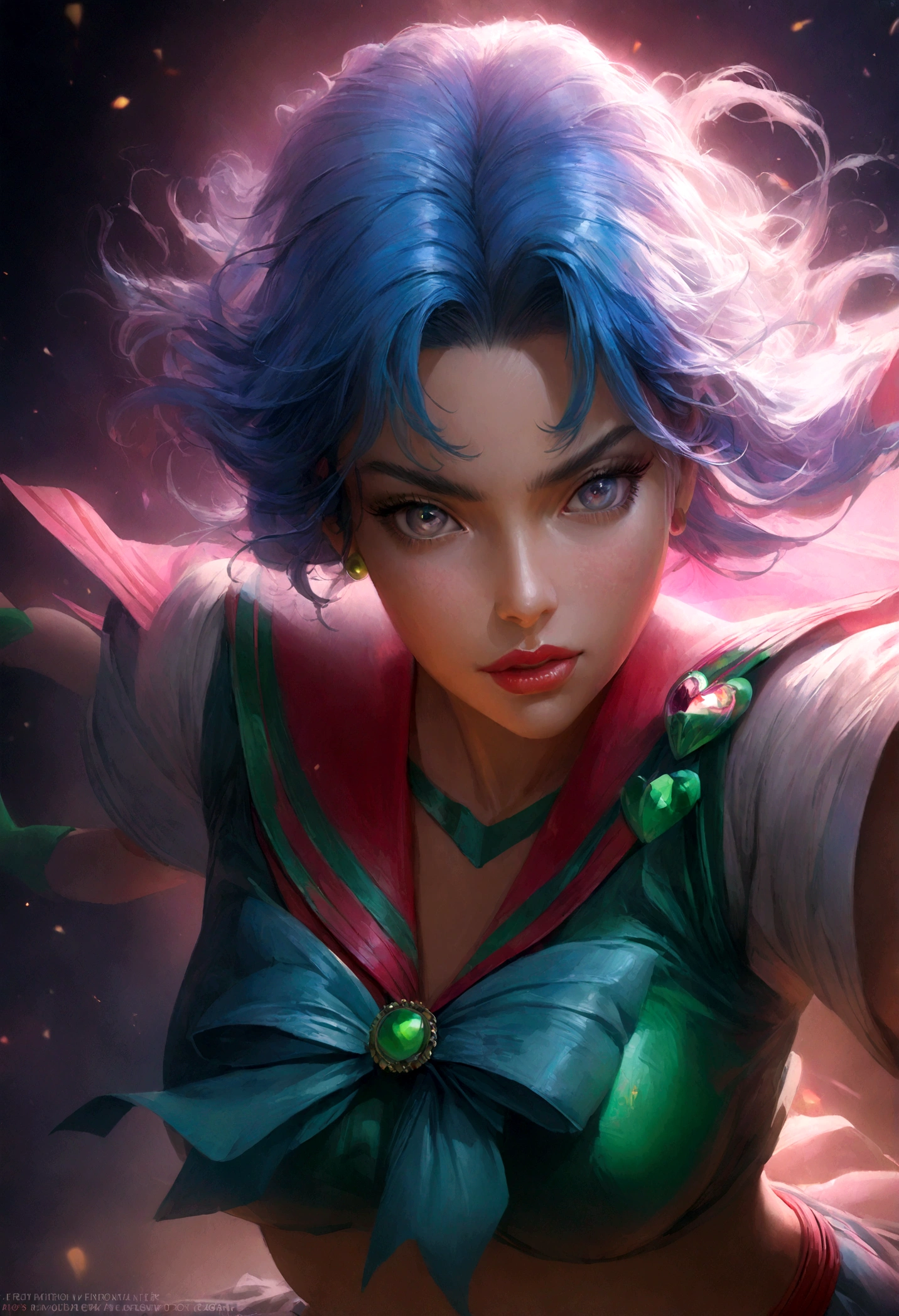 1girl, sailor jupiter, bishoujo senshi sailor moon, beautiful detailed eyes, beautiful detailed lips, extremely detailed face and expression, long blue hair, sailor uniform, intricate details, colorful, vibrant colors, dynamic pose, cinematic lighting, dramatic atmosphere, digital painting, artstation, concept art, highly detailed, hyper realistic, 8k, masterpiece