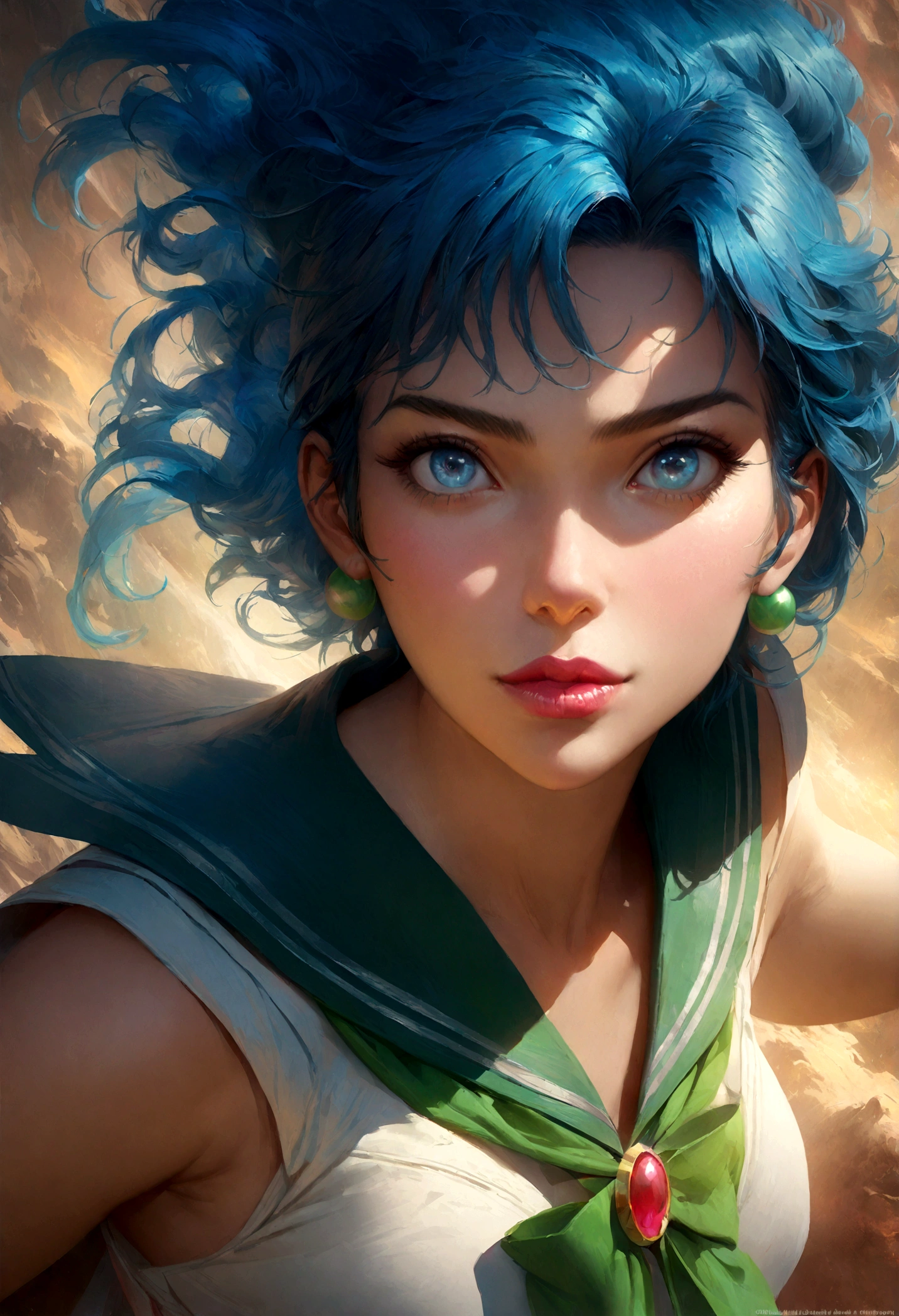 1girl, sailor jupiter, bishoujo senshi sailor moon, beautiful detailed eyes, beautiful detailed lips, extremely detailed face and expression, long blue hair, sailor uniform, intricate details, colorful, vibrant colors, dynamic pose, cinematic lighting, dramatic atmosphere, digital painting, artstation, concept art, highly detailed, hyper realistic, 8k, masterpiece