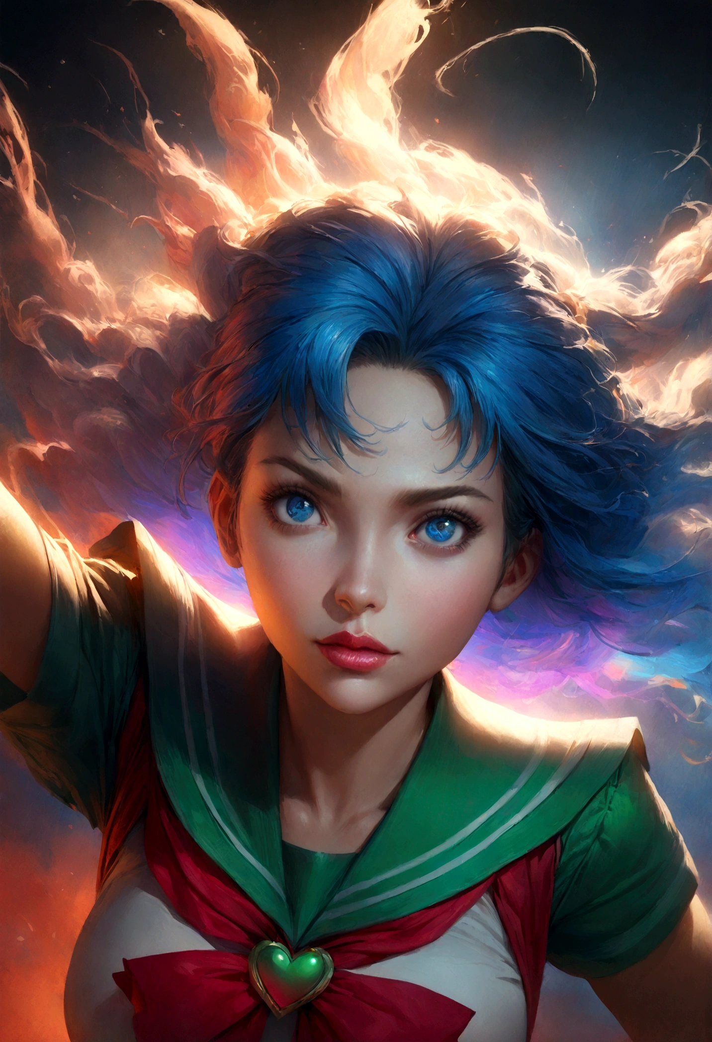 1girl, sailor jupiter, bishoujo senshi sailor moon, beautiful detailed eyes, beautiful detailed lips, extremely detailed face and expression, long blue hair, sailor uniform, intricate details, colorful, vibrant colors, dynamic pose, cinematic lighting, dramatic atmosphere, digital painting, artstation, concept art, highly detailed, hyper realistic, 8k, masterpiece