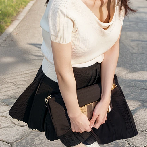 highest quality,masterpiece,Ultra-high resolution,(Actual:1.4),Original photo,Ultra-high resolution，8k，woman，Fair skin，(Short sleeve、Wearing a white summer knit、Tight clothing:1.4)，(Side view:1.3)、(slender、Large Breasts、busty),Long legs，Bright and beautiful、(Black Skirt、Wearing a long black skirt、deep v skirt、Body lines are emphasized、Has a deep slit:1.3)、Beautiful Skin、Smooth Skin、日本人woman、Anatomically correct、Beautiful breasts、(Age 25)、carrying a black shoulder bag、(Walking、Looking down、俯きながらWalking:1.2)、cute、munechira