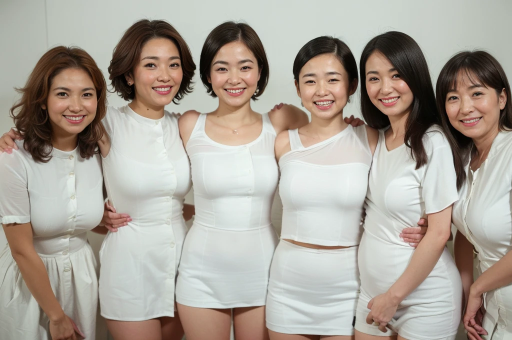 masterpiece, Better Quality, High resolution, ((Photorealistic:1.4, Raw photo, 超High resolution,Best image quality: 1.4)), ((Do not split)),((Upper body 1.5)), Beautiful fine details, Natural color lip, ((Random Age)), ((Big smile:1.5)), ((Random cute hairstyles)), ((Random breast sizes from large to medium:1.3)), ((White shirt:1.6)), ((Peeking from below)), ((Bedroom)), ((Random and cute expressions)),, ((Three Girls, Three people standing side by side:1.5)) Highly detailed and professional lighting, ((Random and cute expressions:1.5)), ((Showing off your armpits:1.5)), ((I can see your thighs:1.5)),((Randomly flip up skirts))