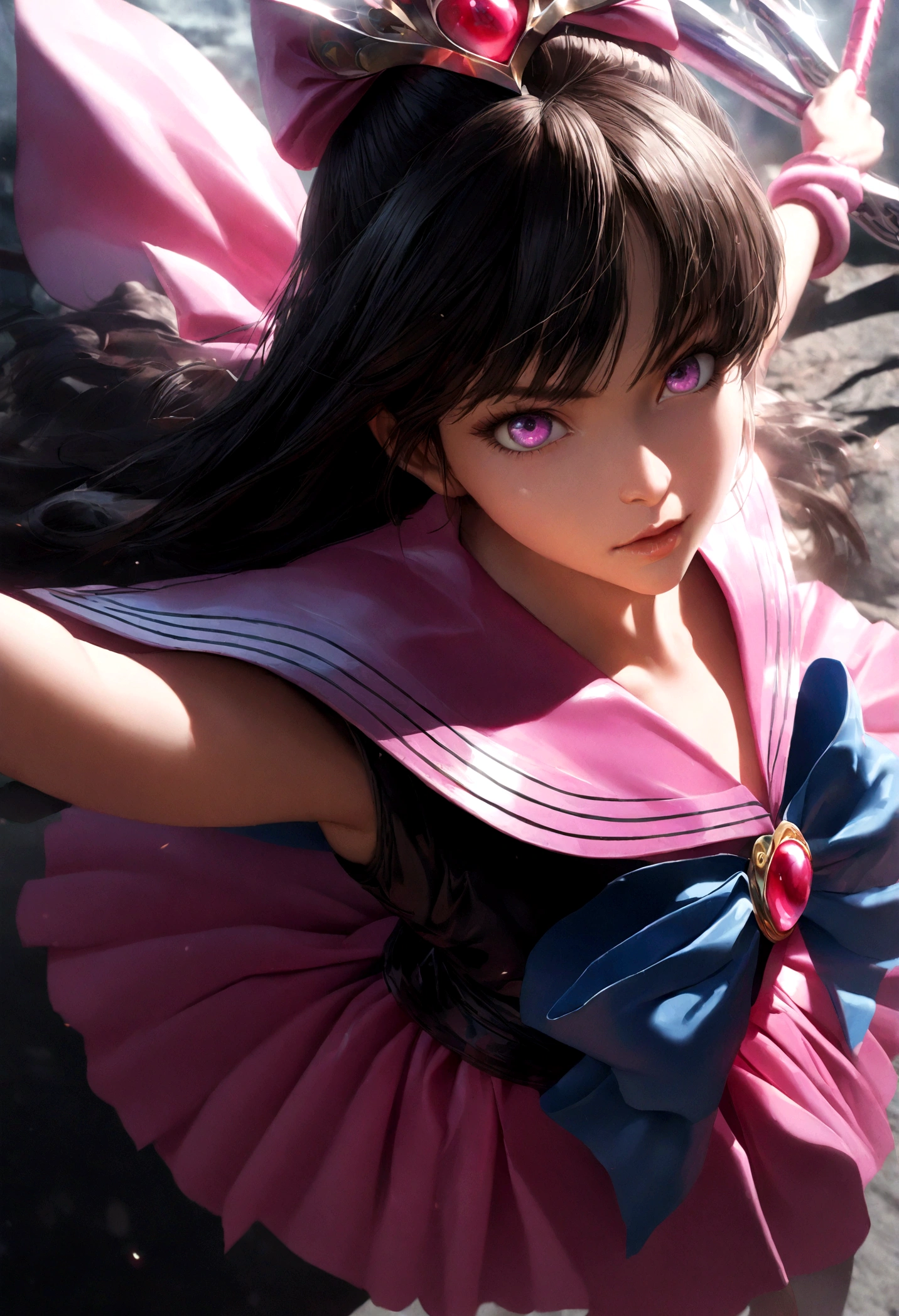 1girl, sailor saturn, bishoujo senshi sailor moon, detailed beautiful face, large violet eyes, detailed hair, elaborate sailor uniform, detailed shiny bow, detailed staff weapon, magical girl, dynamic pose, dramatic lighting, vibrant colors, cinematic composition, digital painting, highly detailed, masterpiece, photorealistic, 8k
