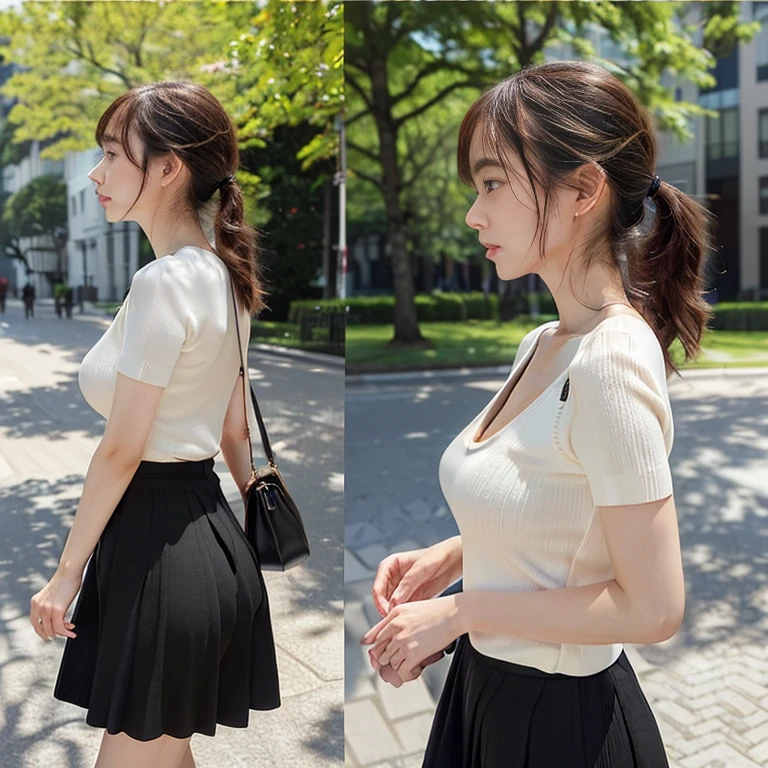 highest quality,masterpiece,Ultra-high resolution,(Actual:1.4),Original photo,Ultra-high resolution，8k，woman，Fair skin，(Short sleeve、Wearing a white summer knit、Tight clothing:1.4)，(Side view:1.3)、(slender、Large Breasts、busty),Long legs，Bright and beautiful、(Black Skirt、Wearing a long black skirt、deep v skirt、Body lines are emphasized、Has a deep slit:1.3)、Beautiful Skin、Smooth Skin、日本人woman、Anatomically correct、Beautiful breasts、(Age 25)、carrying a black shoulder bag、(Walking、Looking down、俯きながらWalking:1.2)、cute、munechira