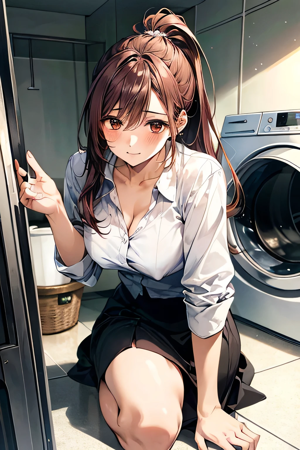 (masterpiece:1.3, Top quality), (Practical, photoPractical:1.4), Beautiful illustration, (Natural side light, light),
look down, whole body, from below, 1 girl, Japanese, high school, Perfect face, (Perfect anatomical structure), Cute and symmetrical face, shiny skin,
(long hair, Ponytail, brown hair, Pink hair band), Hair between the eyes, Brown eyes, Eyelash extension, (Large Breasts: 0.8),
beautiful hair, Pretty Face, Beautiful and delicate eyes, Beautiful clavicle, Beautiful Body, Beautiful breasts, Beautiful thighs, Beautiful legs, beautiful fingers,
((Extremely fine clothing, White collar shirt, skirt)),
(Beautiful scenery), Depth of Field, Detailed background, laundryroom,Kneeling beside the washing machine,jk,超Large Breasts,