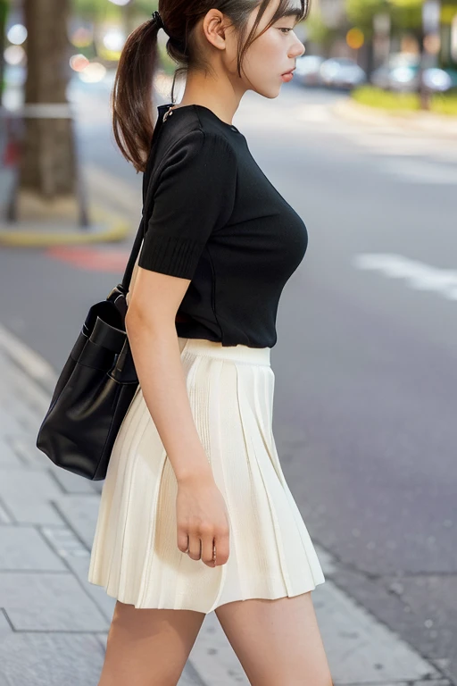 highest quality,masterpiece,Ultra-high resolution,(Actual:1.4),Original photo,Ultra-high resolution,8k,woman,Fair skin,(Short sleeve、Wearing a white summer knit、Tight clothing:1.4),(Side view:1.3)、(slender、Large Breasts、busty),Long legs,Bright and beautiful、(Black Skirt、Wearing a long black skirt、deep v skirt、Body lines are emphasized、Has a deep slit:1.3)、Beautiful Skin、Smooth Skin、日本人woman、Anatomically correct、Beautiful breasts、(Age 25)、carrying a black shoulder bag、(Walking、Looking down、俯きながらWalking:1.2)、cute、munechira