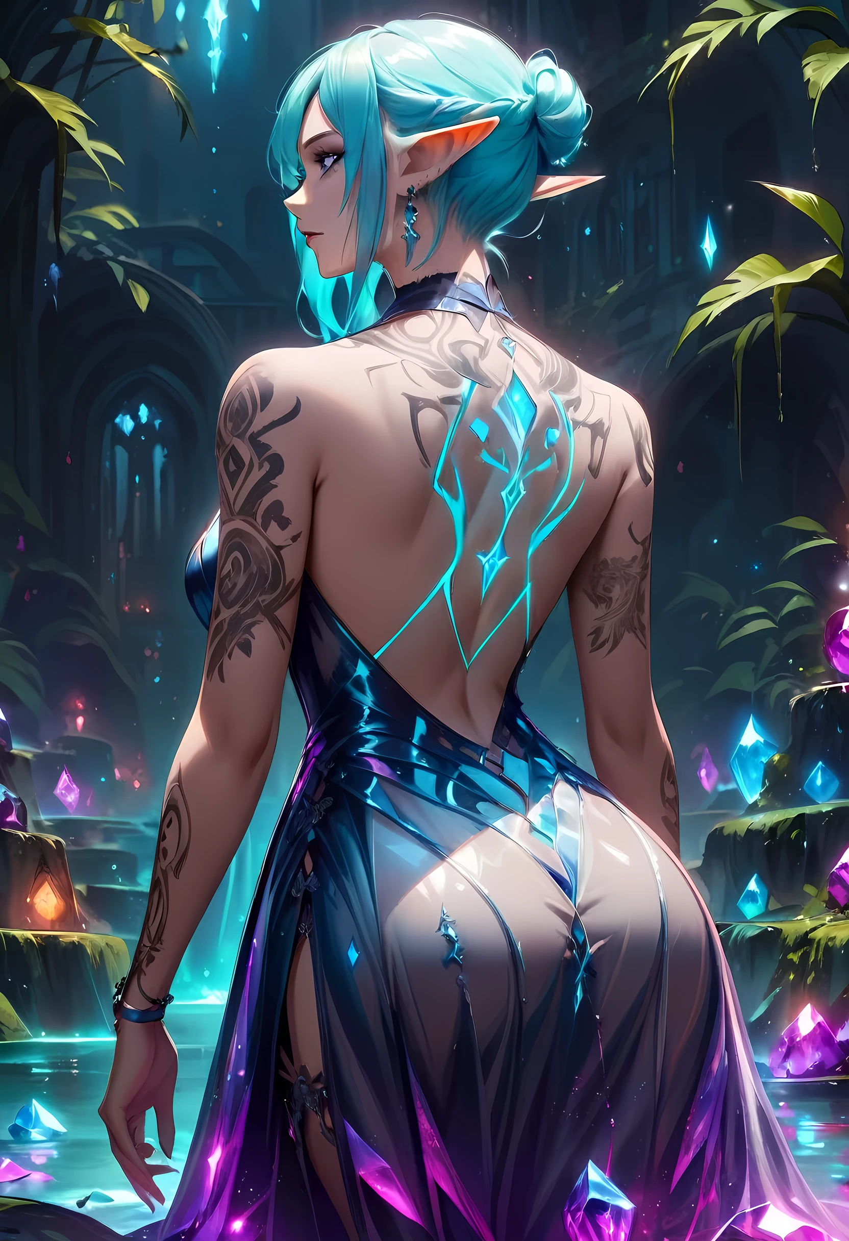 Arafed, Dark fantasy art, fantasy art, goth art, a picture of a tattoo on the back of a female elf, of ((glowing: 1.3)) elven magical runes, AlchemyPunkAI, shoot taken from the back, ((the back is visible: 1.3), the tattoos are live like, vivid, rising from the ink to real life, she wears a transparent dress that the tattoos glow, crystalline dress