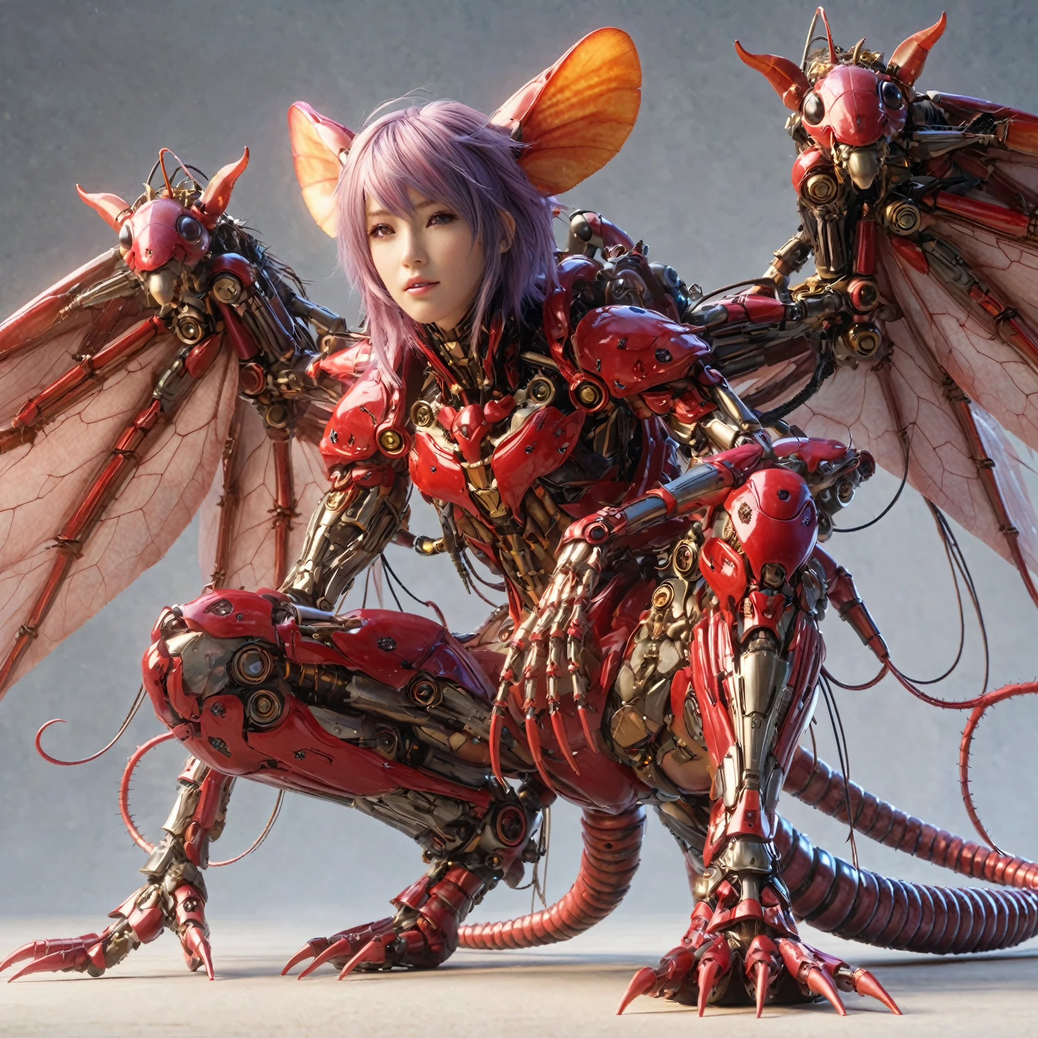 (top-quality:1.2, masterpiece), ultra high res,(Photorealsitic:1.4), (cockroach-like bio insect suit:1.3), heavy weapons,large wings, vivid textures,insect legs, pink hair, glowy skin, japanese girl beautiful face, ((super realistic intricate details)), full body shot, globalillumination, octan render, ultrasharp, character edge light, Details of complex ornaments, Acrylic Clear Cover, Hydraulic cylinder