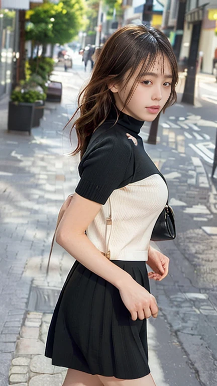 highest quality,masterpiece,Ultra-high resolution,(Actual:1.4),Original photo,Ultra-high resolution，8k，woman，Fair skin，(Short sleeve、Wearing a white summer knit、Tight clothing:1.4)，(Side view:1.3)、(slender、Large Breasts、busty),Long legs，Bright and beautiful、(Black Skirt、Wearing a long black skirt、deep v skirt、Body lines are emphasized、Has a deep slit:1.3)、Beautiful Skin、Smooth Skin、日本人woman、Anatomically correct、Beautiful breasts、(Age 25)、carrying a black shoulder bag、(Walking、Looking down、俯きながらWalking:1.2)、cute、munechira