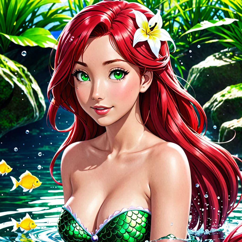 topless Ariel, the Little Mermaid with red hair and green eyes posing for a picture, haruno sakura, best anime 4k konachan wallpaper, seductive anime girl, marin kitagawa fanart, sakura petals around her, splash art anime , anime style 4 k, anime moe artstyle, high quality anime artstyle, detailed anime artwork, anime wallaper, anime topless girl
