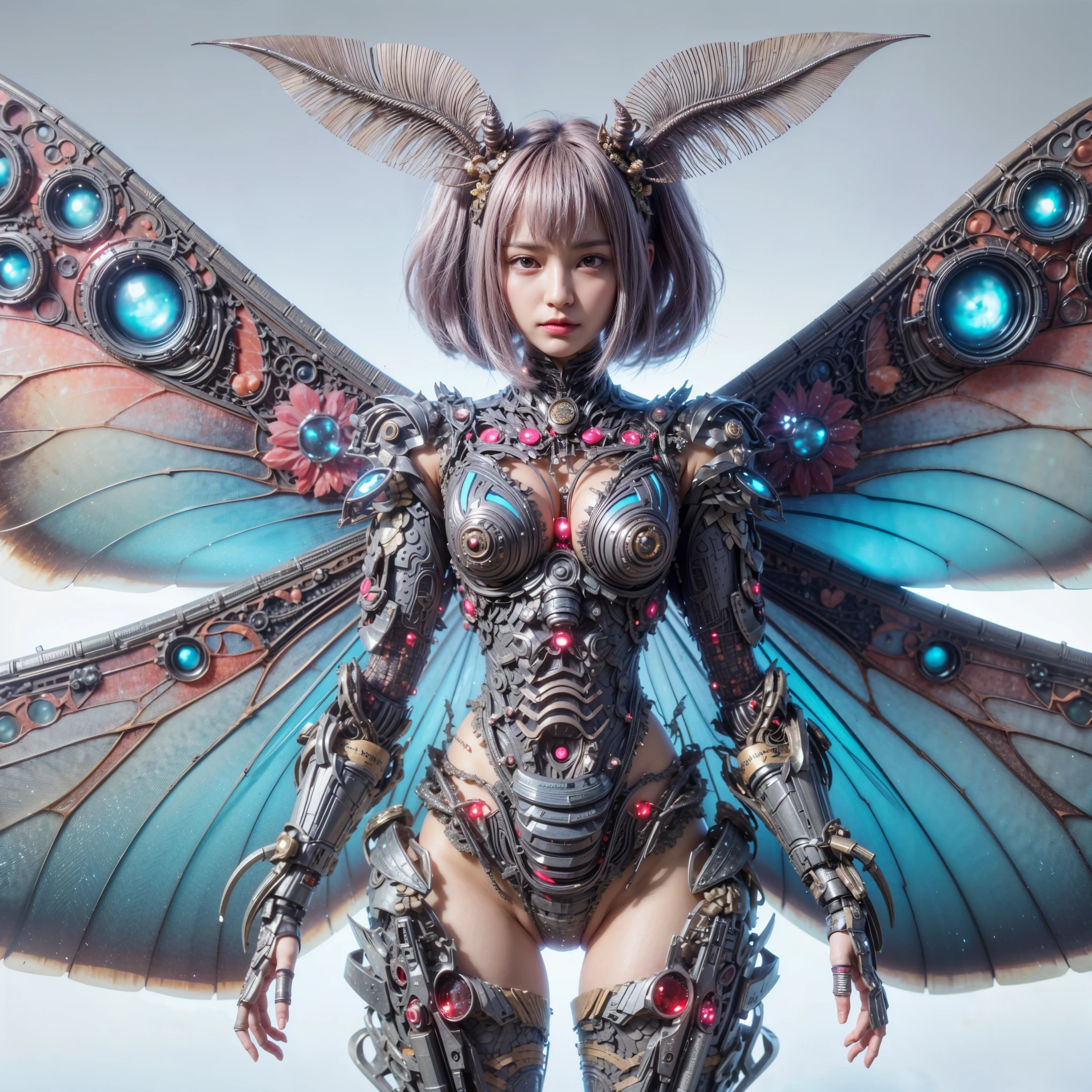(top-quality:1.2, masterpiece), ultra high res,(Photorealsitic:1.4), (cockroach-like bio insect suit:1.3), heavy weapons,large wings, vivid textures,insect legs, pink hair, glowy skin, japanese girl beautiful face, ((super realistic intricate details)), full body shot, globalillumination, octan render, ultrasharp, character edge light, Details of complex ornaments, Acrylic Clear Cover, Hydraulic cylinder