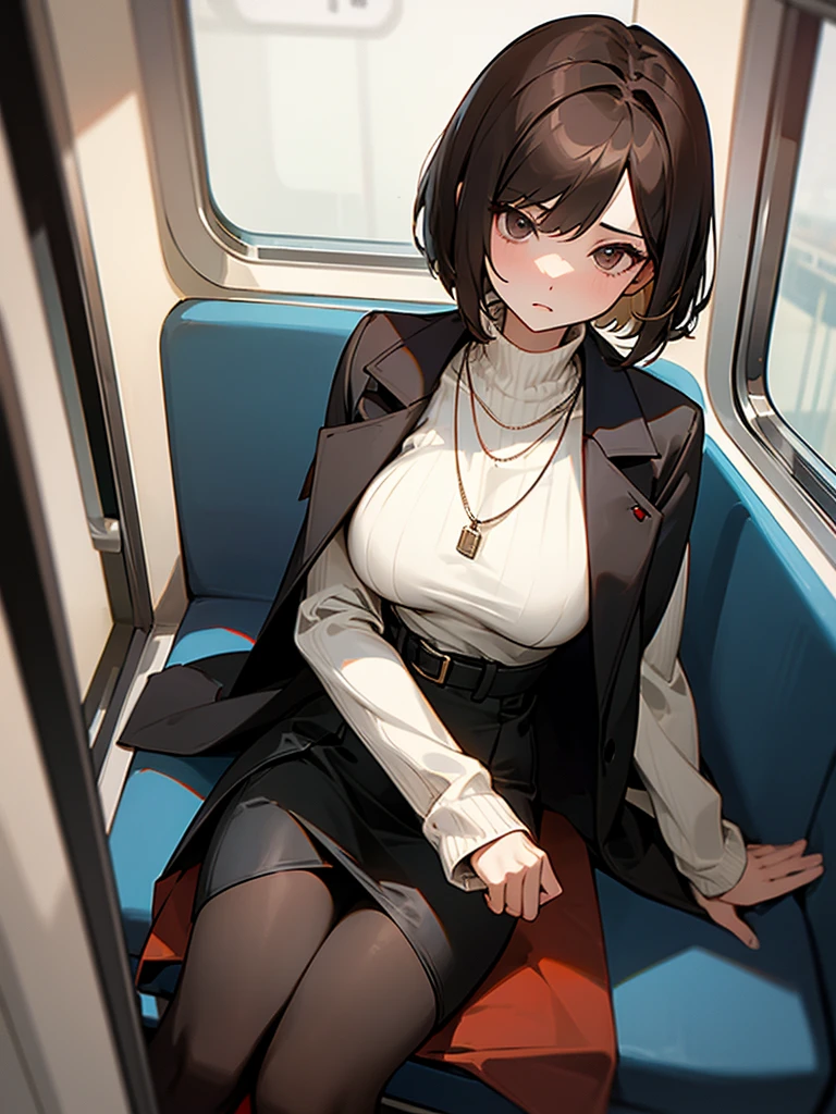 Brown short bob、White sweater、wearing a black jacket、Flared sleeves、Tight Skirt、Black Stockings、necklace、sitting in a train seat、tits、slender、