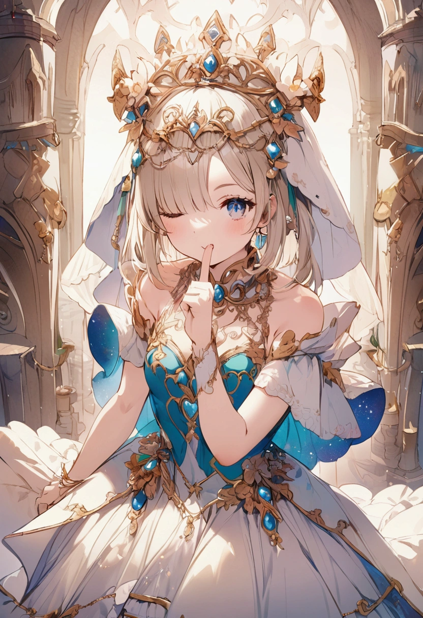 Index finger to mouth,Close one eye,cute,girl