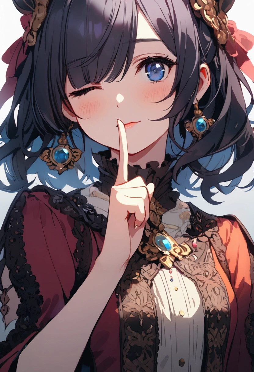 Index finger to mouth,Close one eye,cute,girl