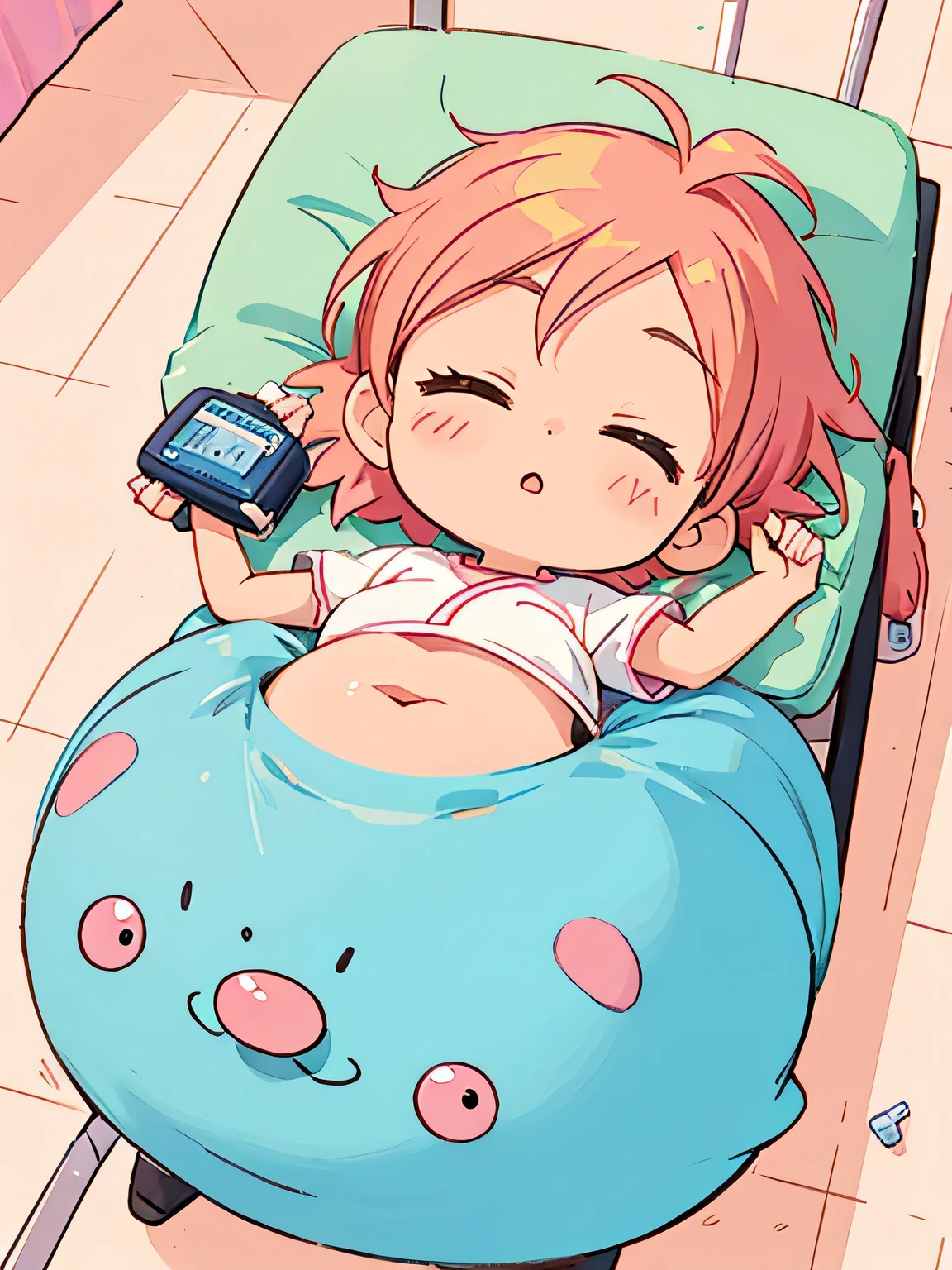 Akira Toriyama style, Kawaii Design, The most beautiful girl of all time、Chibi, Taking a nap、Belly button exposed, hospital bed