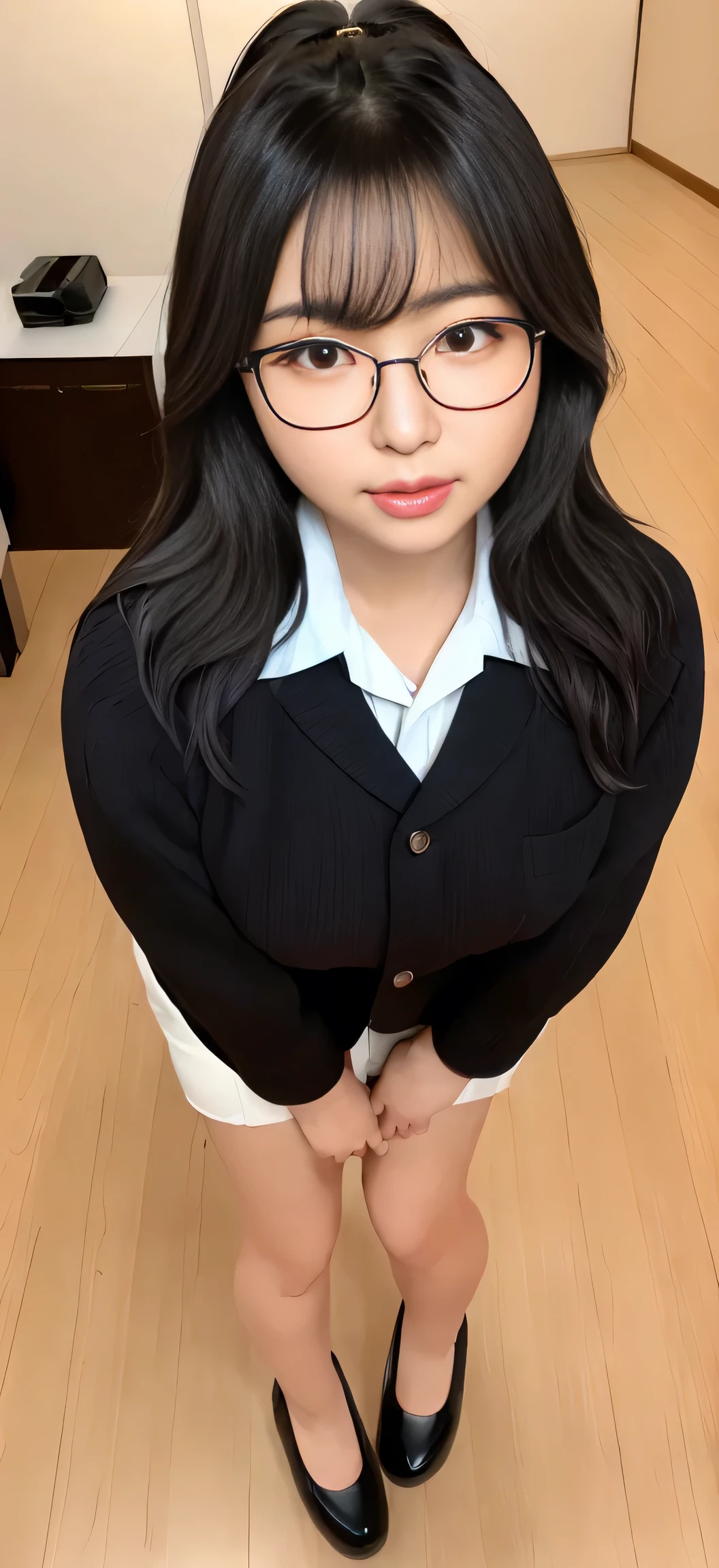 Japanese ID, Mature Woman, ((Chubby round face around 40 years old)), Glasses, Wavy black hair with no bangs, Long Hair:1.65, Big twin ponytail:1.79, Flashy makeup, Fuller lips, Sexy Gaze, Cute Uniform, ((dressing)), looking at the camera, Low angle shooting, Cute duck lips,((Very accurate and correct anatomy)), (masterpiece:1.3), Perfect balance, Realistic photos, Full Shot, whole body, ((height: 148cm)), High heels, loafers, (2 Foot, Two Arms), ((Panty shot))