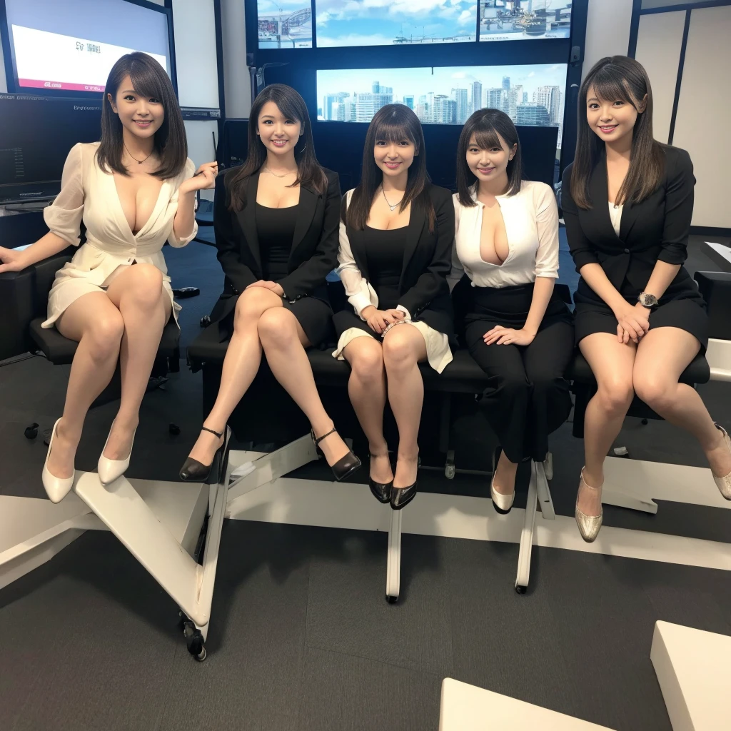 (Weather Girl、news caster)、Two Women、mini skirt、Look at this、Glass Room、20-year-old women、Big Breasts、Cleavage、Sitting