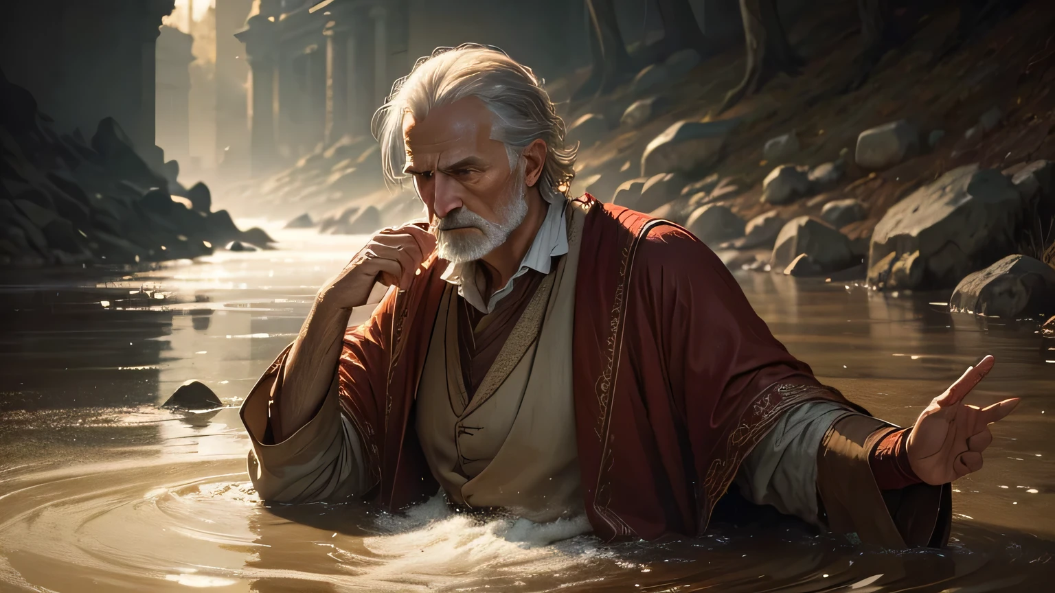 a man in old brown clothes, a man in old white clothes with a red mantle, baptism by immersion in a river, detailed portrait, realistic, photorealistic, 8k, highly detailed, masterpiece, classical religious painting, dramatic lighting, chiaroscuro, muted color palette, somber mood
